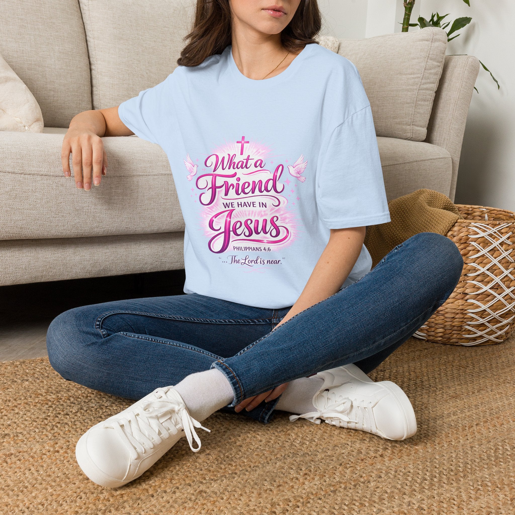 Christian T-Shirt — “What a Friend We Have in Jesus” Pink Faith Tee