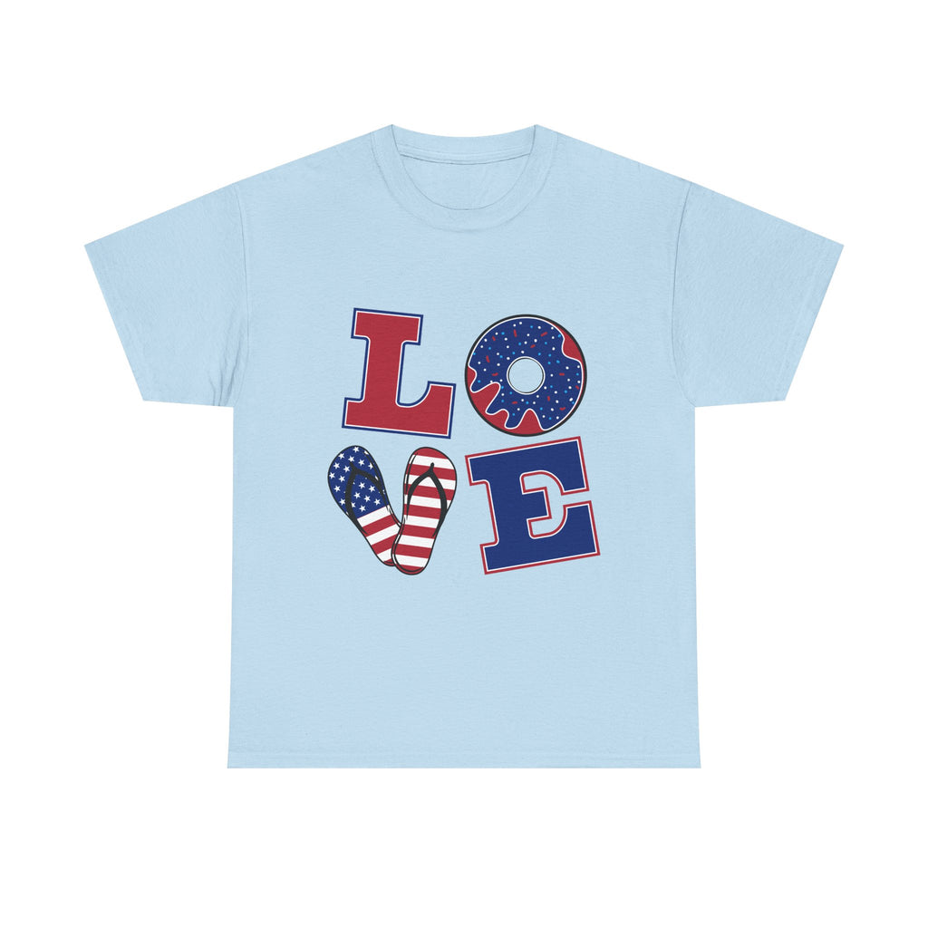 Patriotic LOVE T-Shirt — American Flag Donut & Flip-Flop Fourth of July Tee