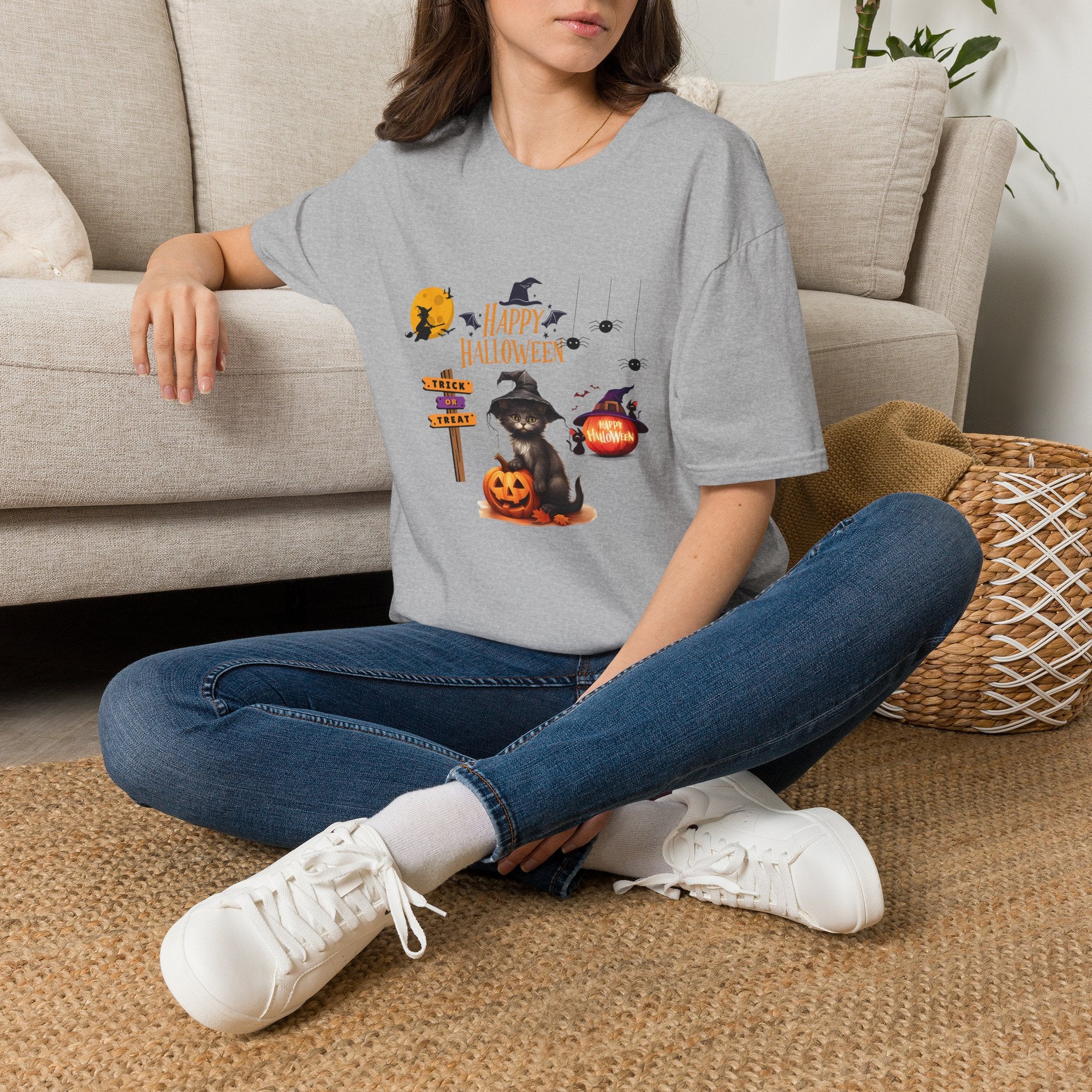 Happy Halloween Witch T-Shirt — Cute Pumpkin, Bats & Spooky Icons Tee