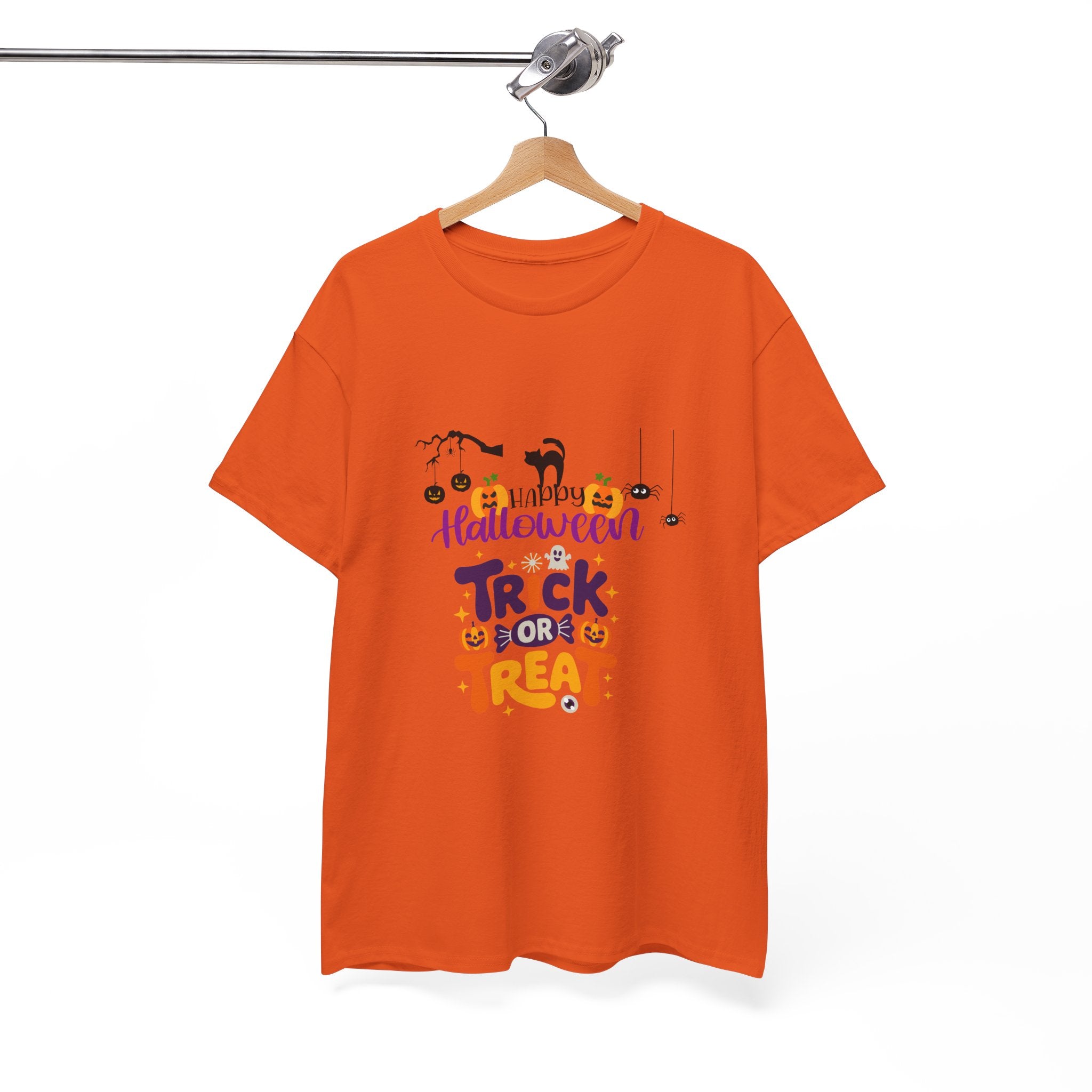Halloween "Trick or Treat" T-Shirt — Cute Pumpkin, Cat & Spider Graphic Tee