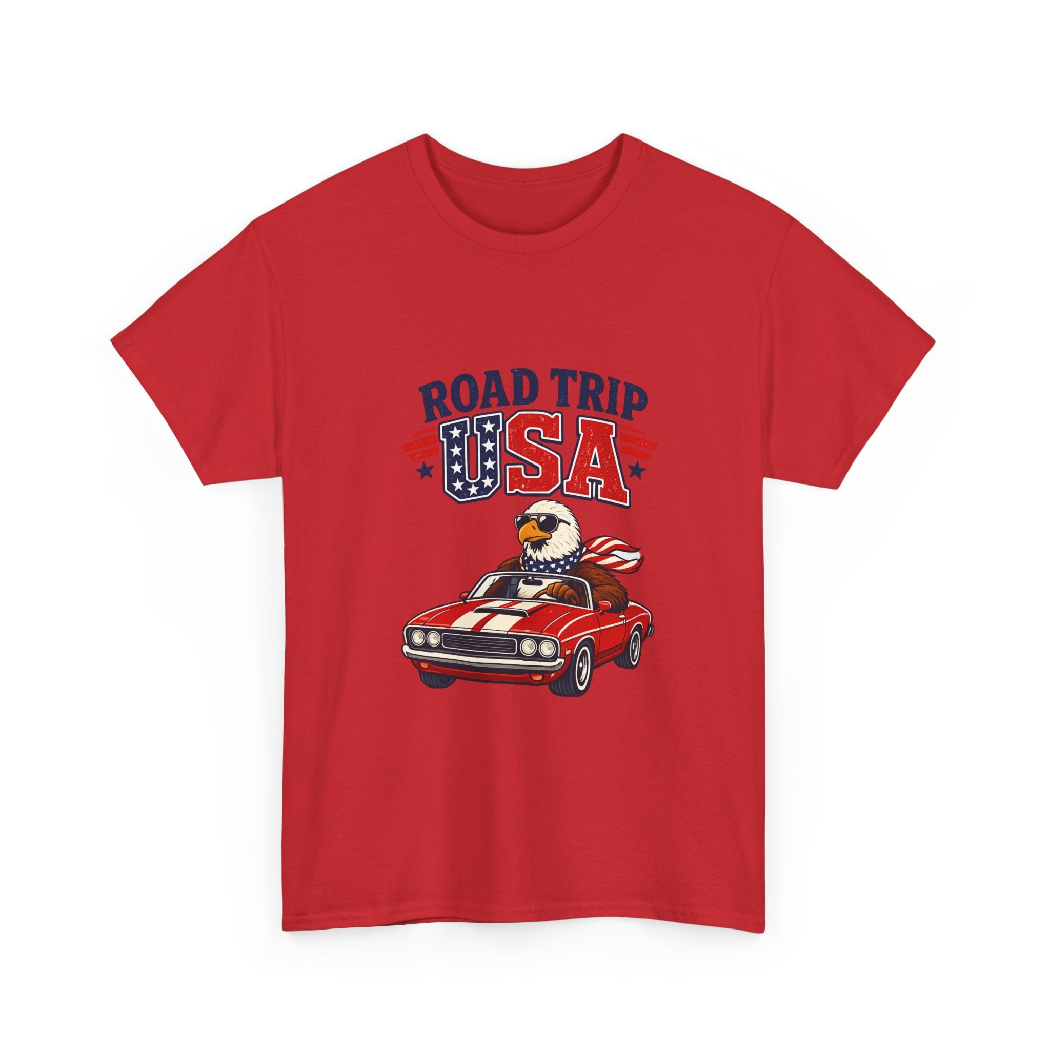 Road Trip USA T-Shirt — Patriotic Eagle Driving Classic Car Graphic Tee