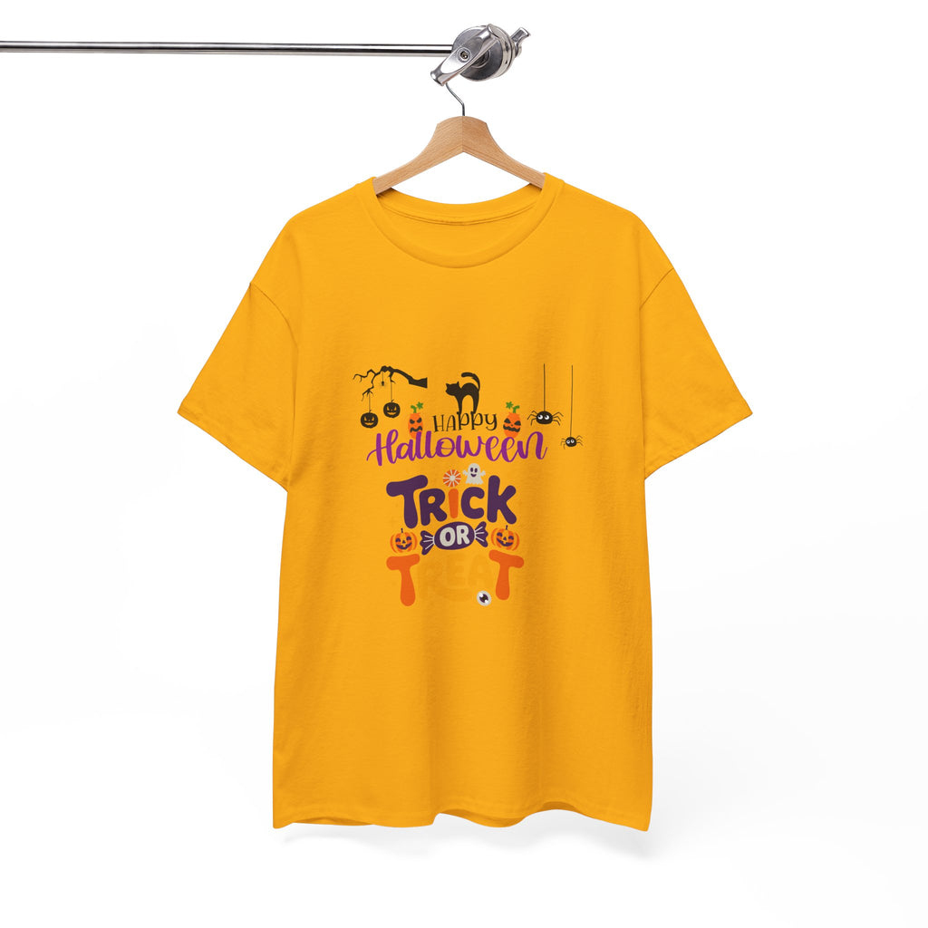Halloween "Trick or Treat" T-Shirt — Cute Pumpkin, Cat & Spider Graphic Tee