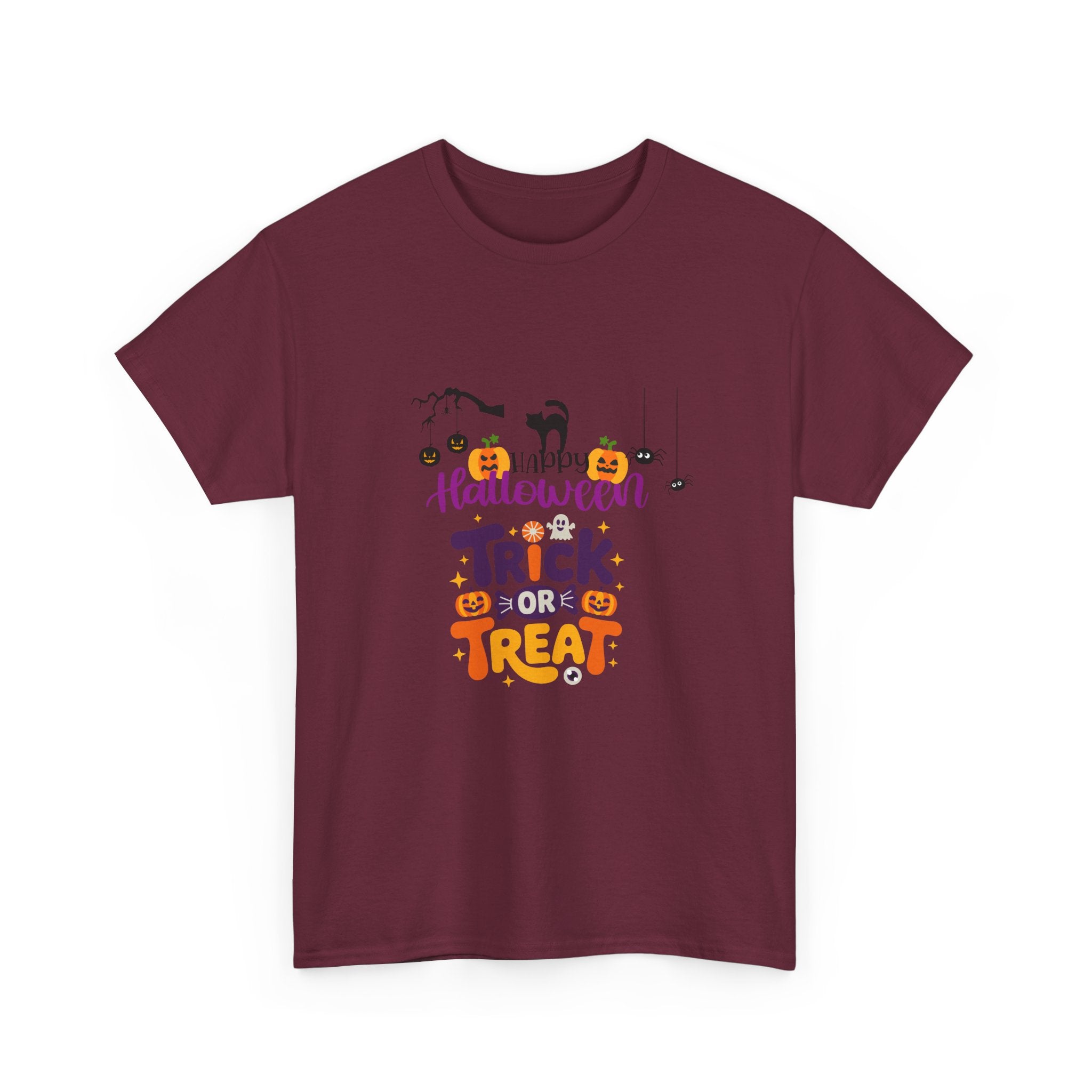 Halloween "Trick or Treat" T-Shirt — Cute Pumpkin, Cat & Spider Graphic Tee