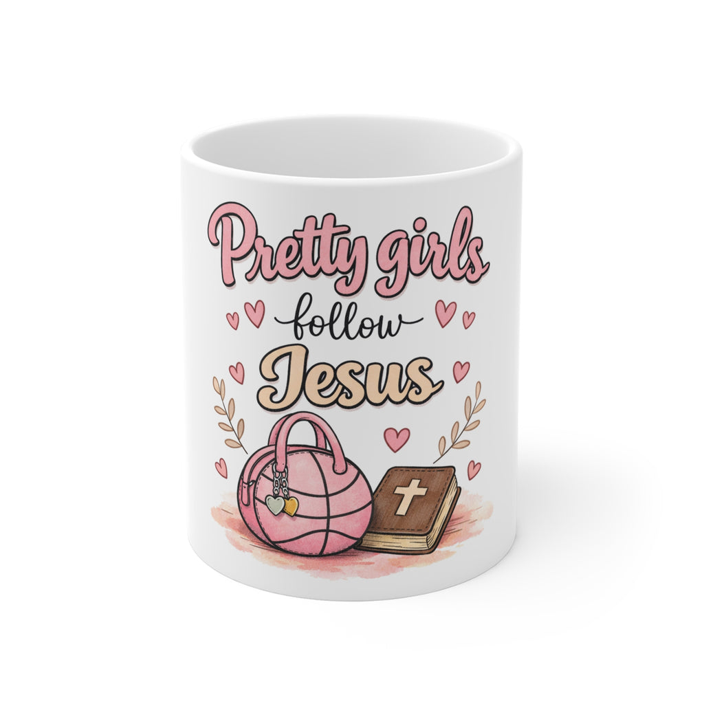 Pretty Girls Follow Jesus Mug — Cute Faith Coffee Cup with Bible & Hearts (11oz)