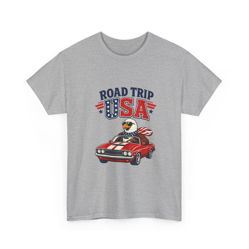Road Trip USA T-Shirt — Patriotic Eagle Driving Classic Car Graphic Tee