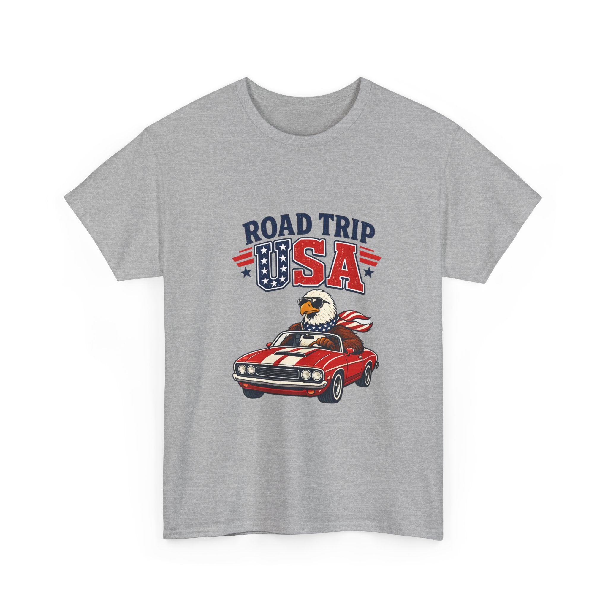 Road Trip USA T-Shirt — Patriotic Eagle Driving Classic Car Graphic Tee