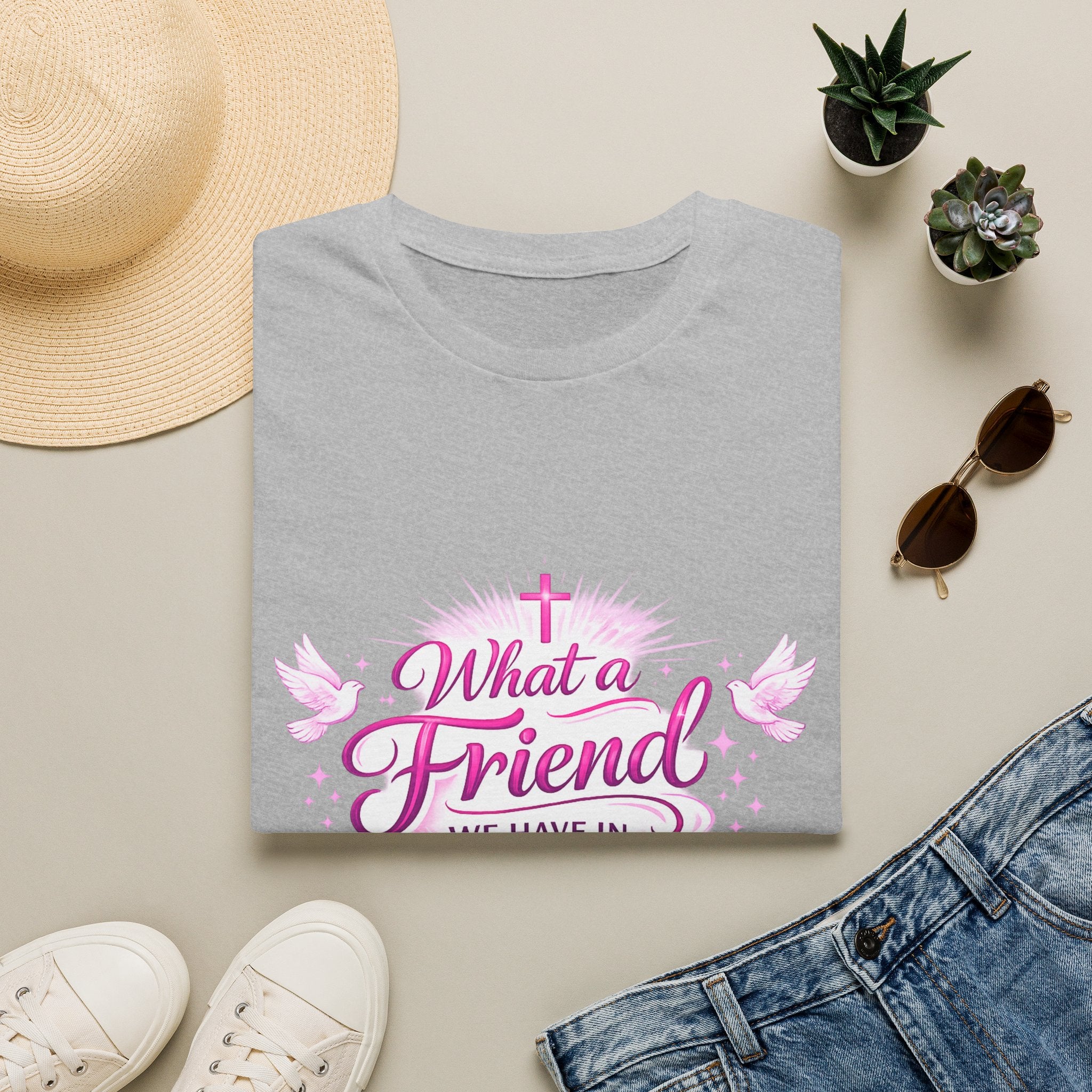 Christian T-Shirt — “What a Friend We Have in Jesus” Pink Faith Tee