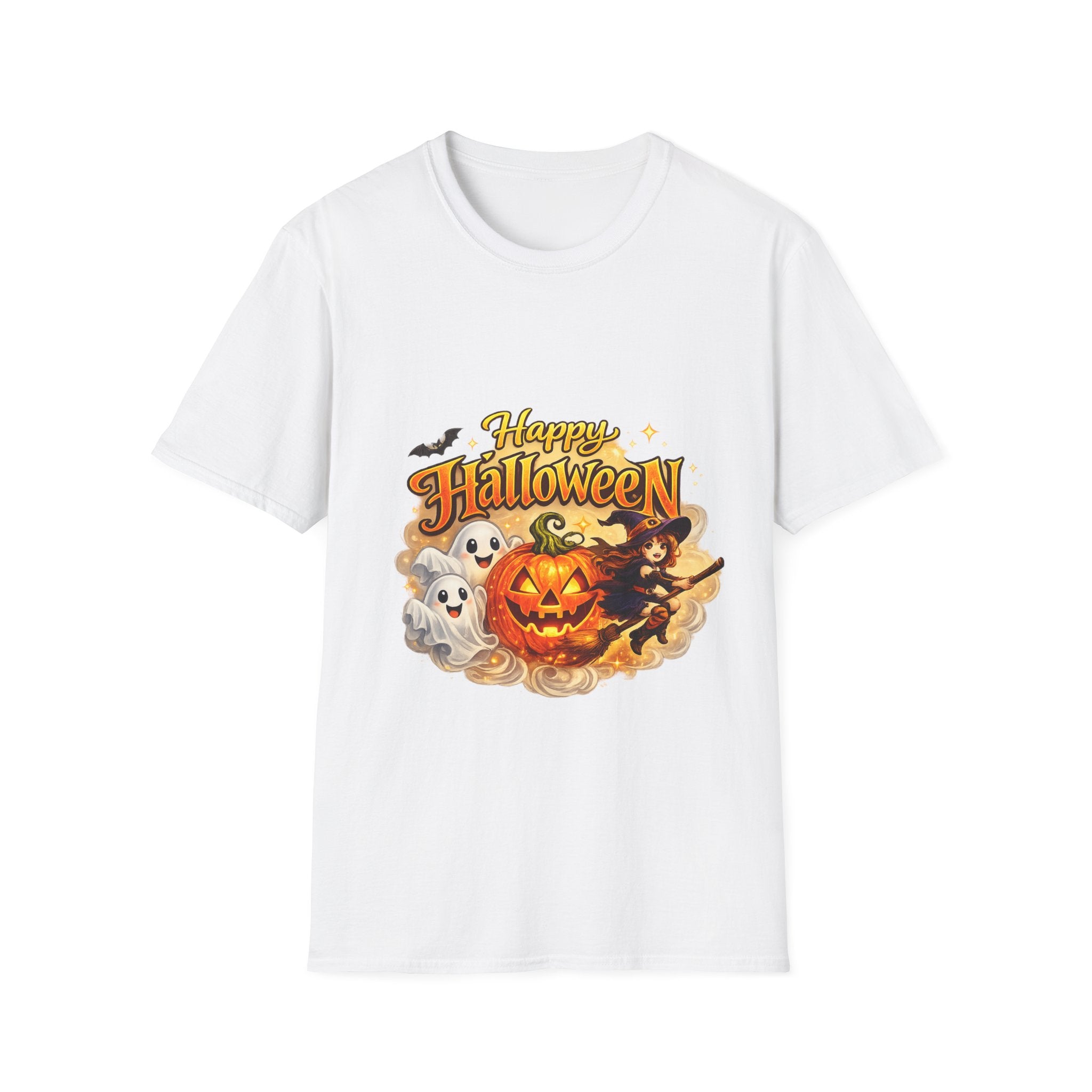 Halloween Witch and Ghost designs T-Shirt — "Happy Halloween" Pumpkin & Ghost Graphic