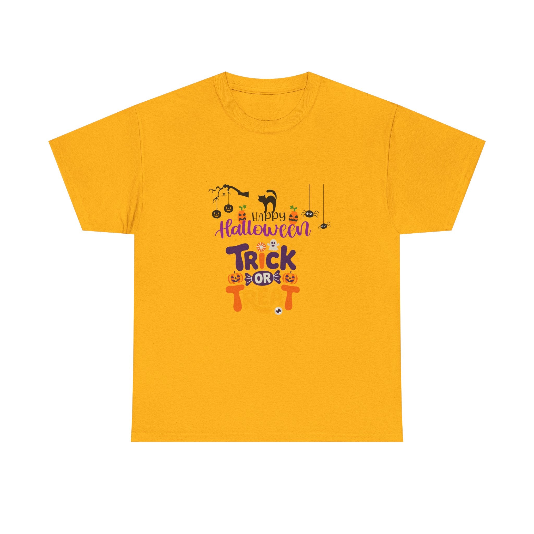 Halloween "Trick or Treat" T-Shirt — Cute Pumpkin, Cat & Spider Graphic Tee
