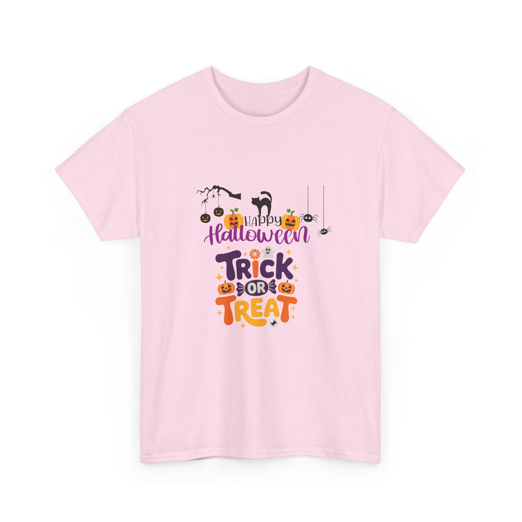 Halloween "Trick or Treat" T-Shirt — Cute Pumpkin, Cat & Spider Graphic Tee