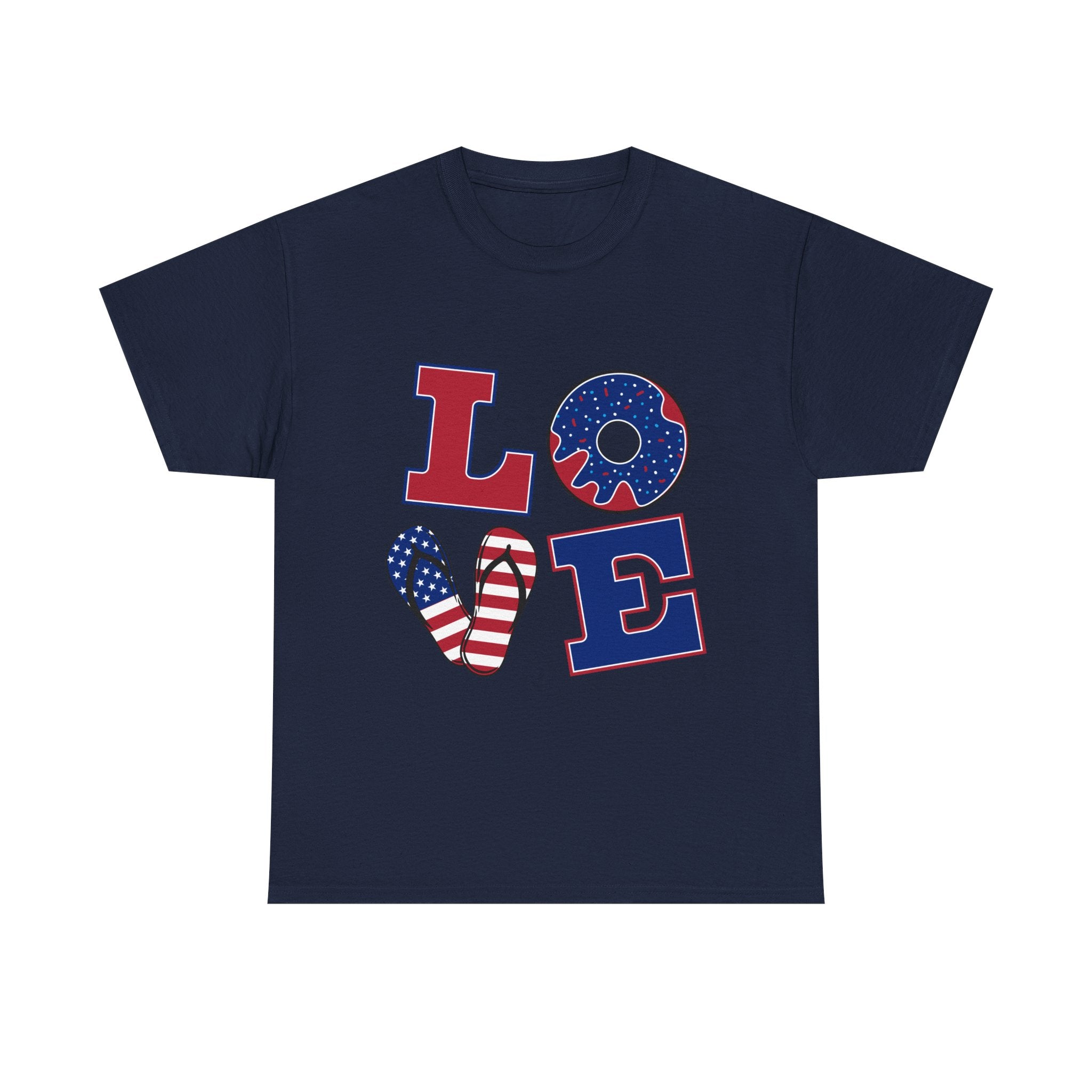 Patriotic LOVE T-Shirt — American Flag Donut & Flip-Flop Fourth of July Tee