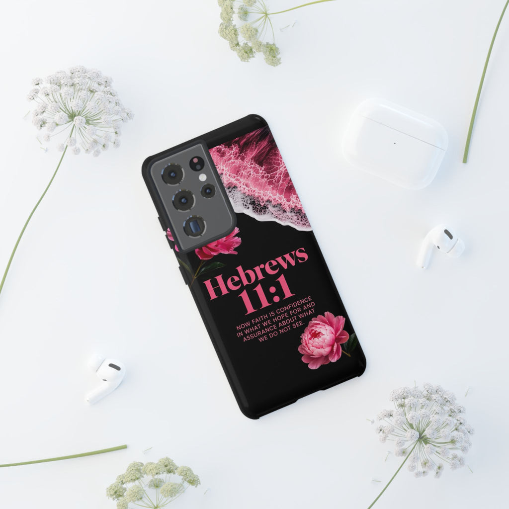 Bible Verses phone case -  Hebrews 11:1 Faith Phone Case — Pink Floral Scripture iPhone Cover