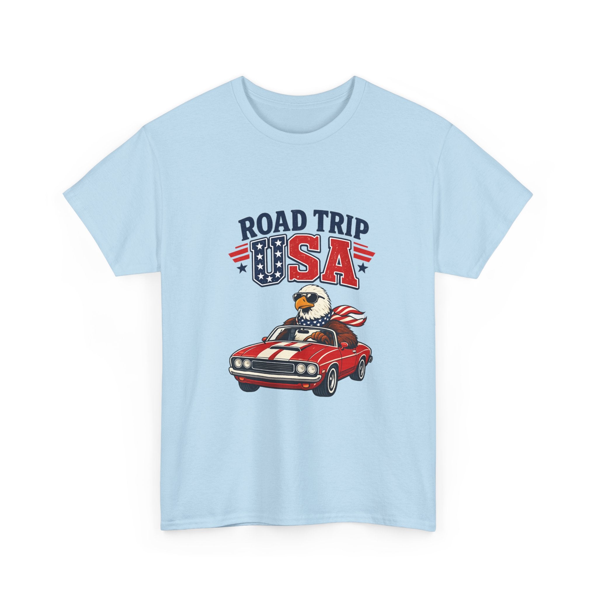 Road Trip USA T-Shirt — Patriotic Eagle Driving Classic Car Graphic Tee