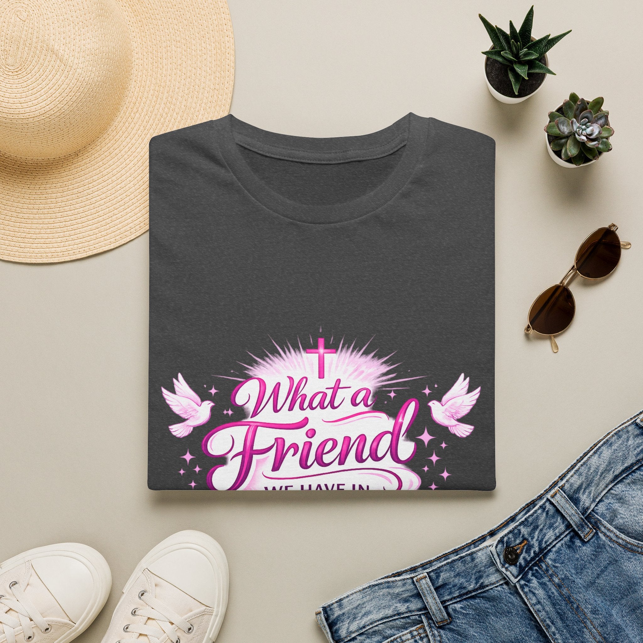 Christian T-Shirt — “What a Friend We Have in Jesus” Pink Faith Tee