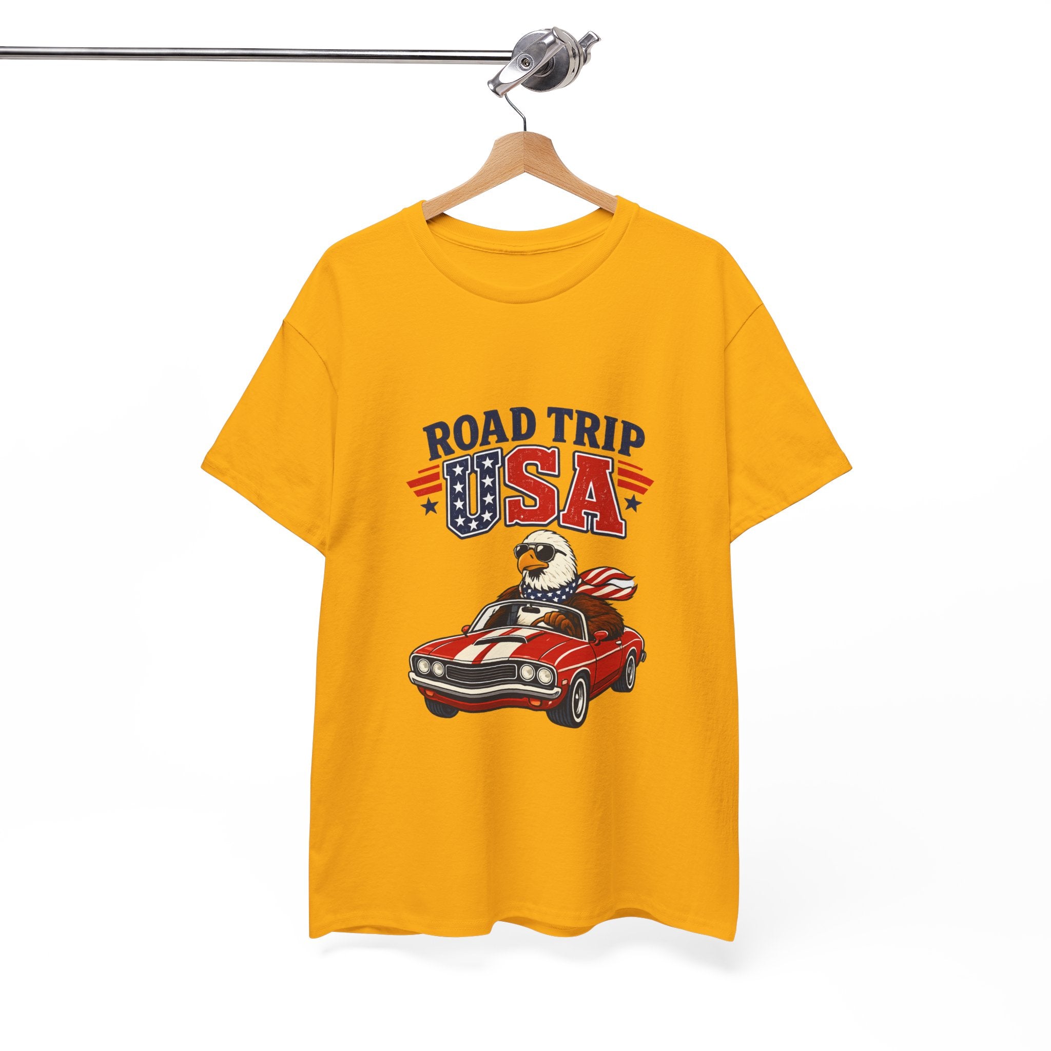 Road Trip USA T-Shirt — Patriotic Eagle Driving Classic Car Graphic Tee