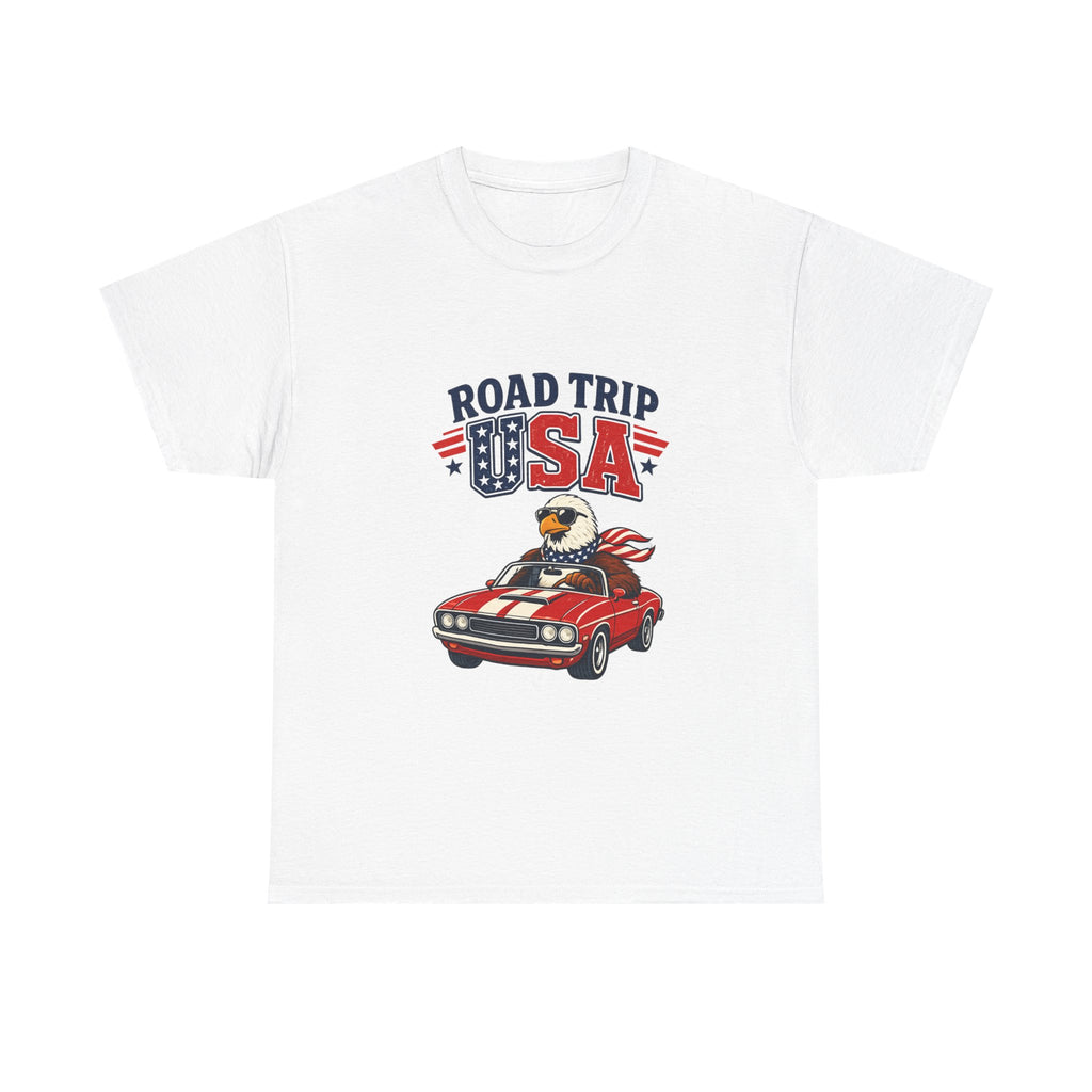 Road Trip USA T-Shirt — Patriotic Eagle Driving Classic Car Graphic Tee
