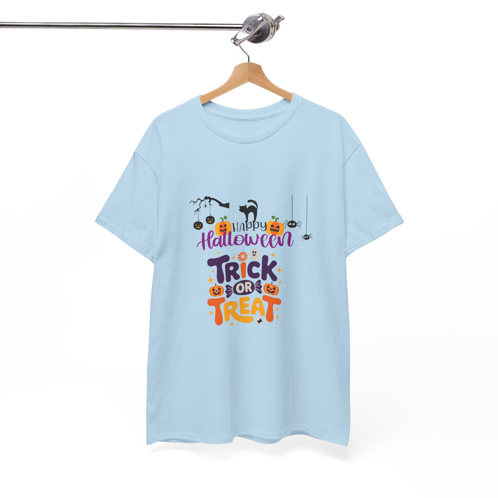 Halloween "Trick or Treat" T-Shirt — Cute Pumpkin, Cat & Spider Graphic Tee