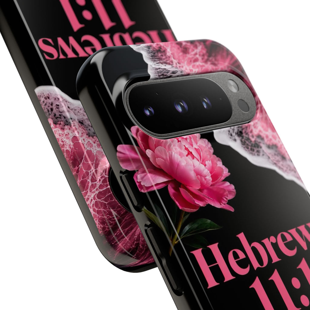 Bible Verses phone case -  Hebrews 11:1 Faith Phone Case — Pink Floral Scripture iPhone Cover