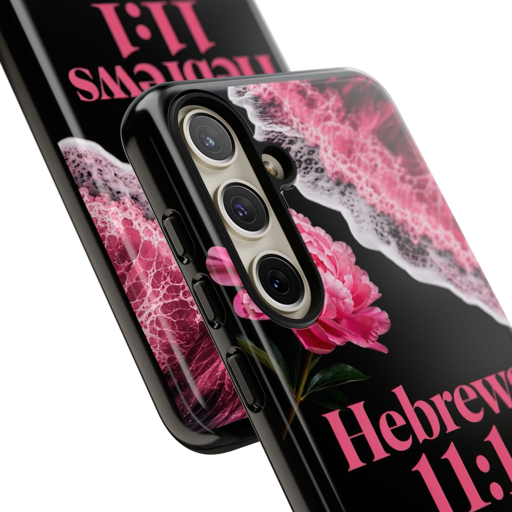 Bible Verses phone case -  Hebrews 11:1 Faith Phone Case — Pink Floral Scripture iPhone Cover