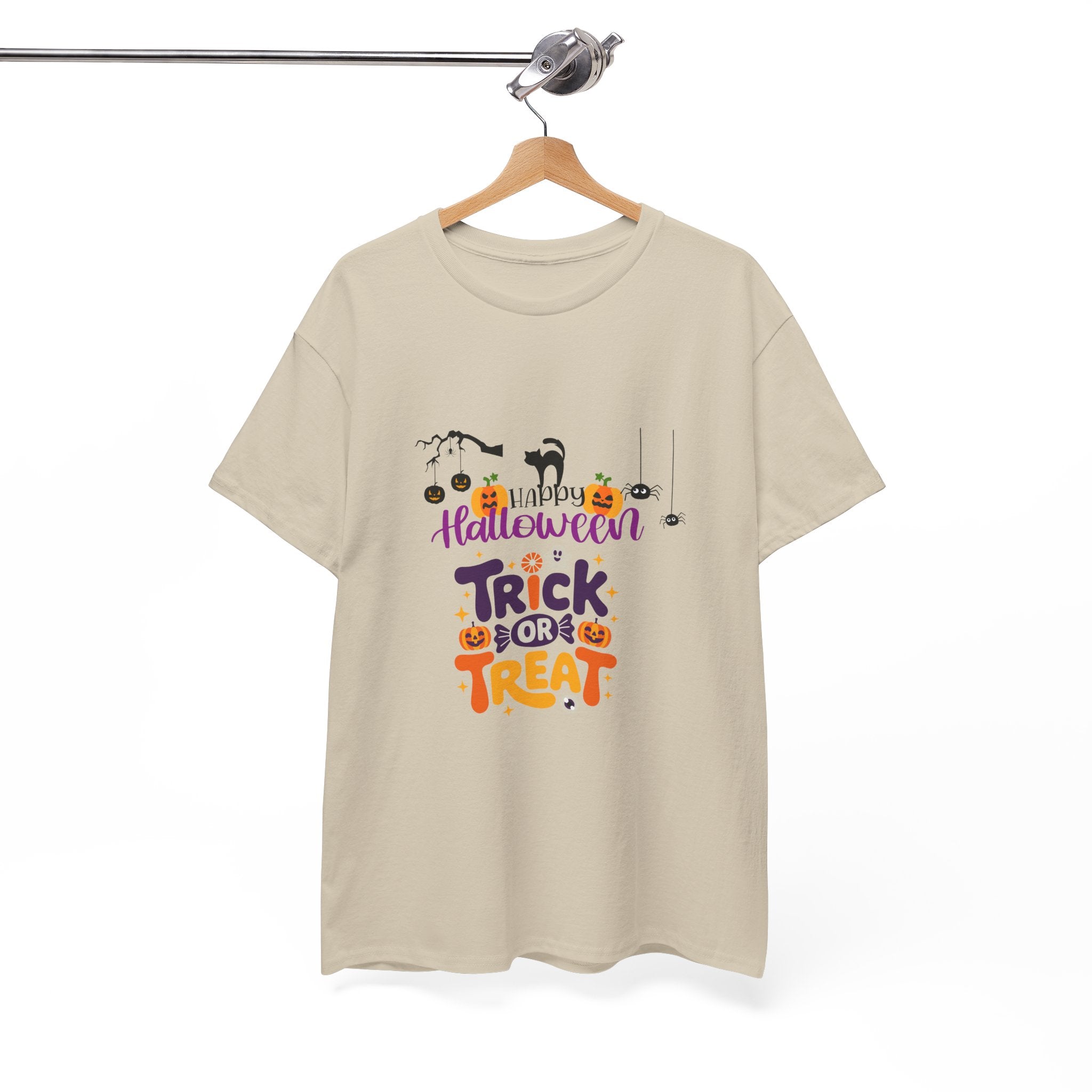 Halloween "Trick or Treat" T-Shirt — Cute Pumpkin, Cat & Spider Graphic Tee