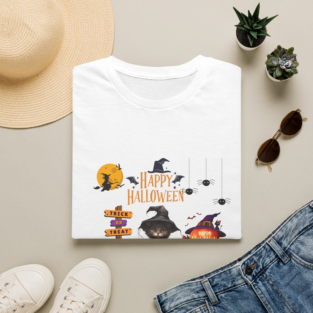 Happy Halloween Witch T-Shirt — Cute Pumpkin, Bats & Spooky Icons Tee