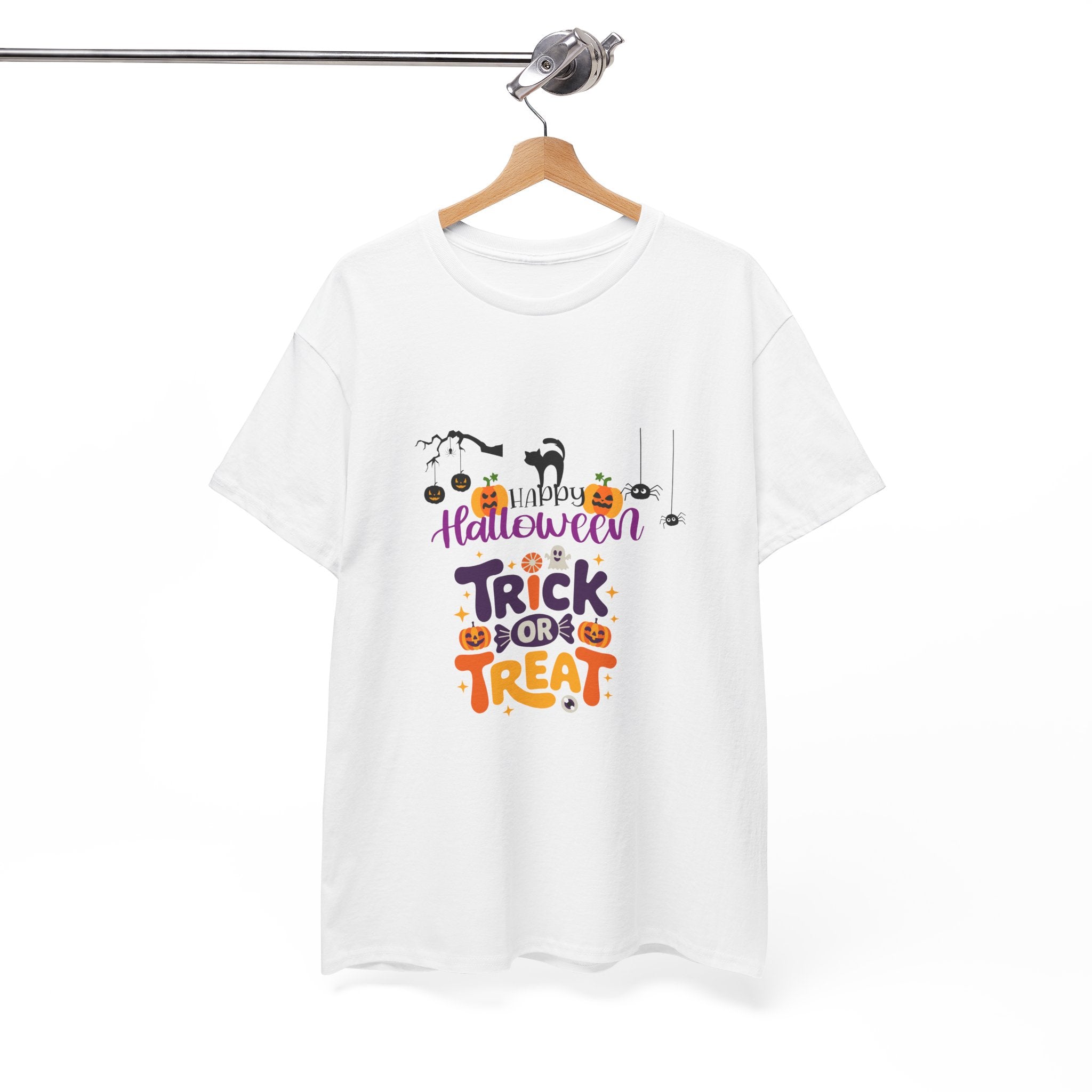Halloween "Trick or Treat" T-Shirt — Cute Pumpkin, Cat & Spider Graphic Tee