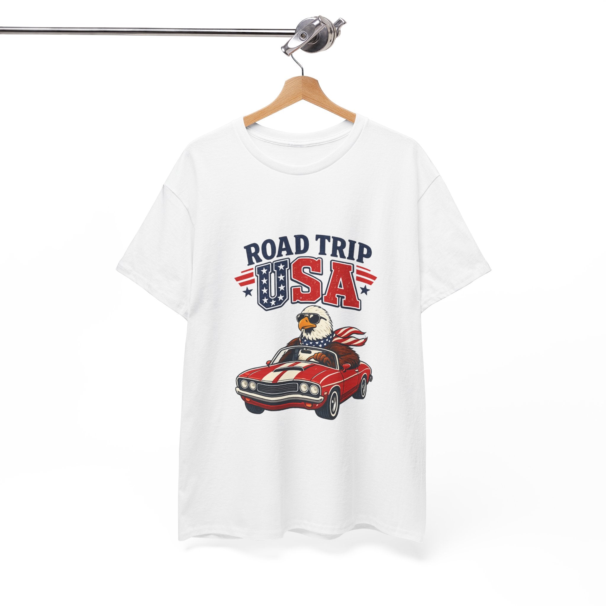 Road Trip USA T-Shirt — Patriotic Eagle Driving Classic Car Graphic Tee