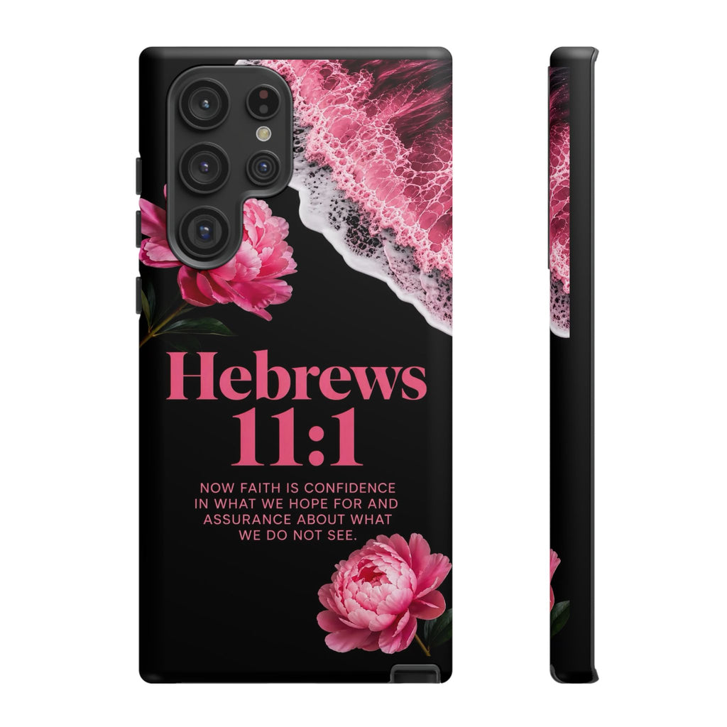Bible Verses phone case -  Hebrews 11:1 Faith Phone Case — Pink Floral Scripture iPhone Cover