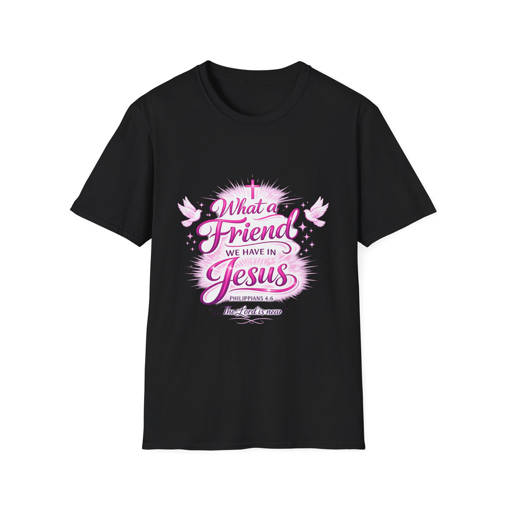 Christian T-Shirt — “What a Friend We Have in Jesus” Pink Faith Tee