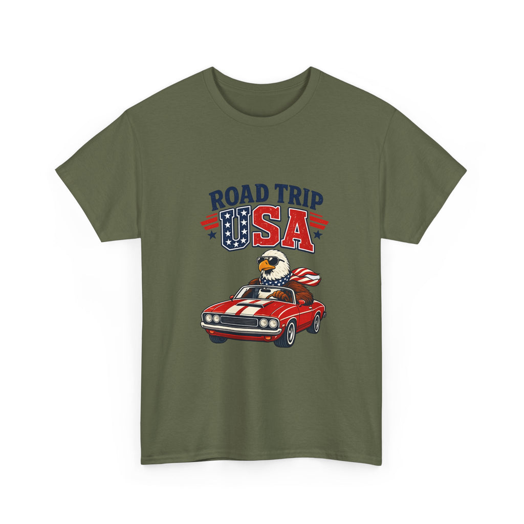 Road Trip USA T-Shirt — Patriotic Eagle Driving Classic Car Graphic Tee