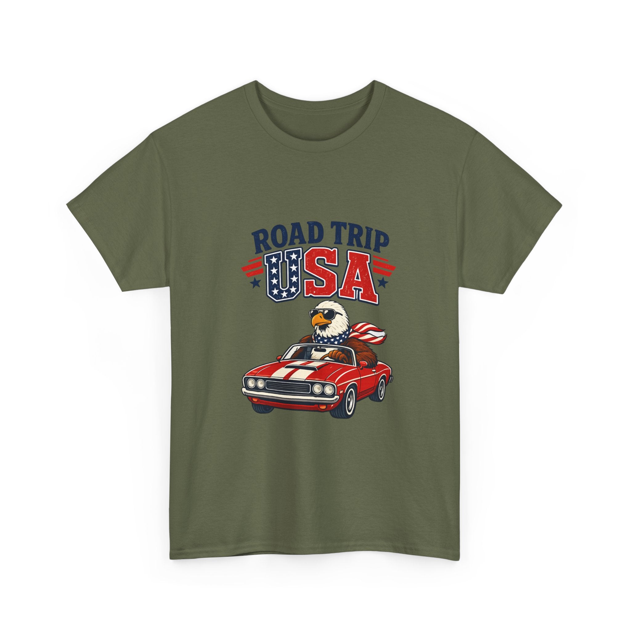 Road Trip USA T-Shirt — Patriotic Eagle Driving Classic Car Graphic Tee