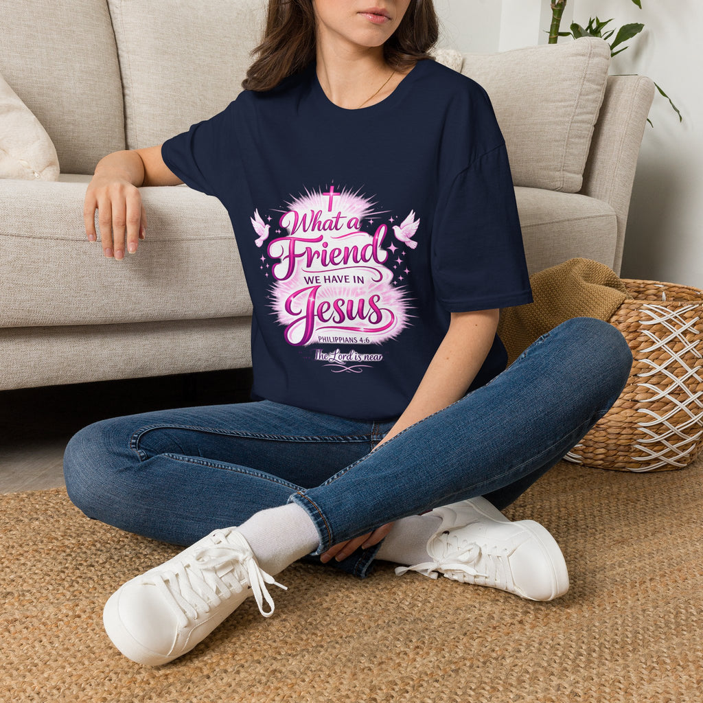 Christian T-Shirt — “What a Friend We Have in Jesus” Pink Faith Tee