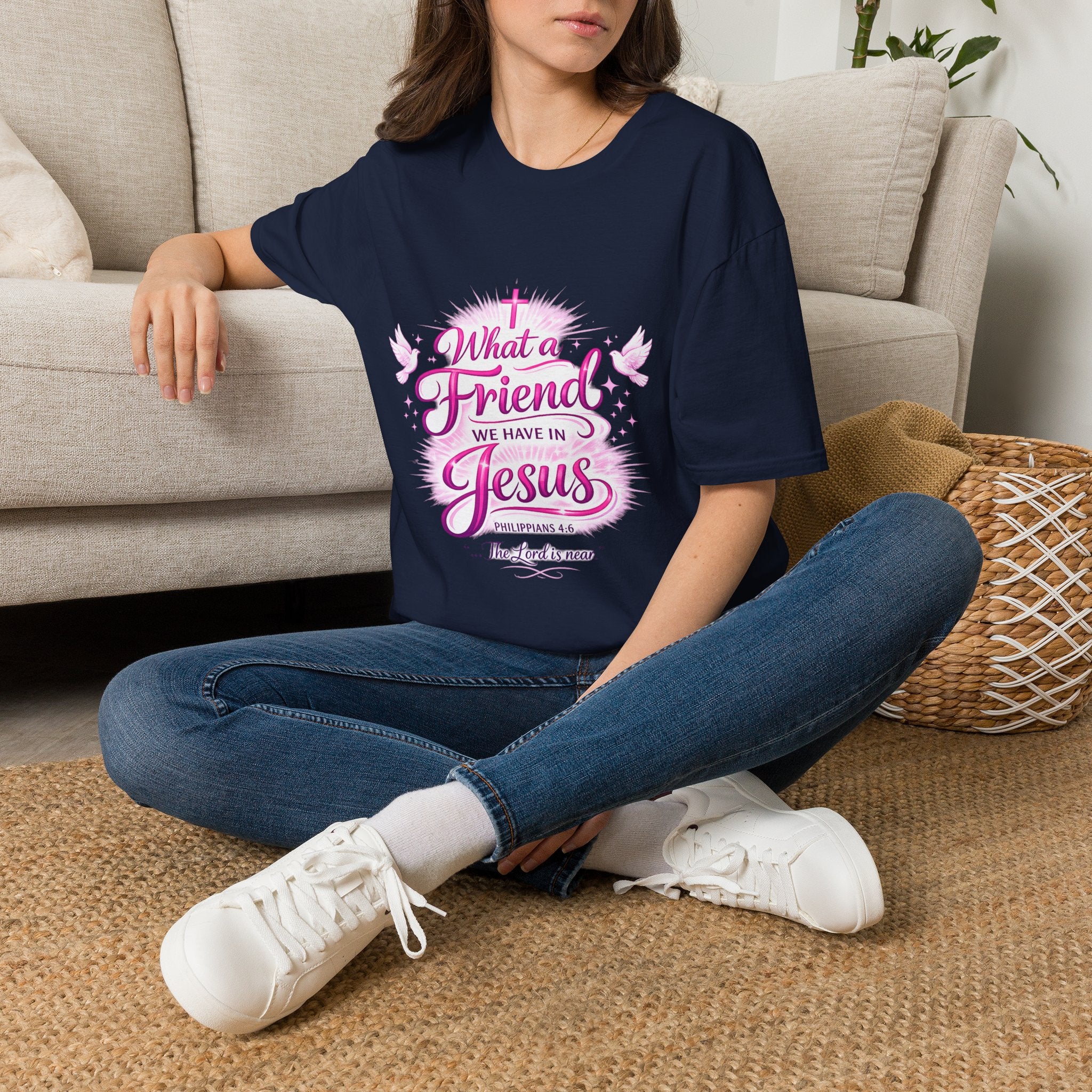 Christian T-Shirt — “What a Friend We Have in Jesus” Pink Faith Tee