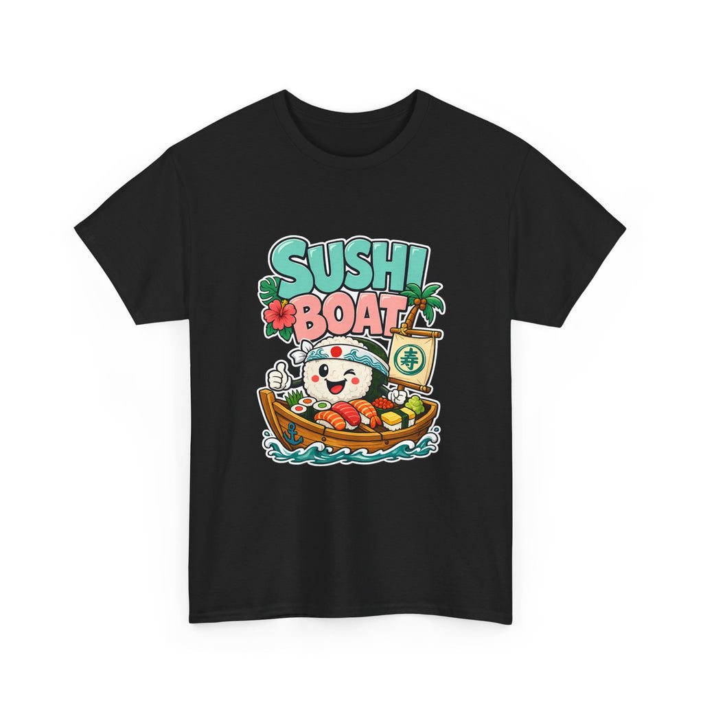 Sushi Boat Graphic Tee — Cute Kawaii Sushi Cat on Boat T-Shirt