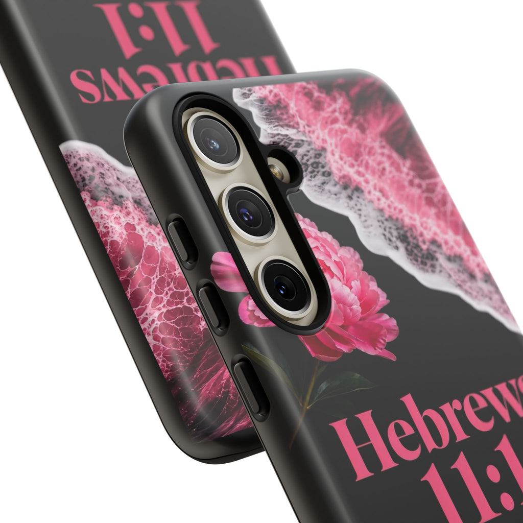 Bible Verses phone case -  Hebrews 11:1 Faith Phone Case — Pink Floral Scripture iPhone Cover
