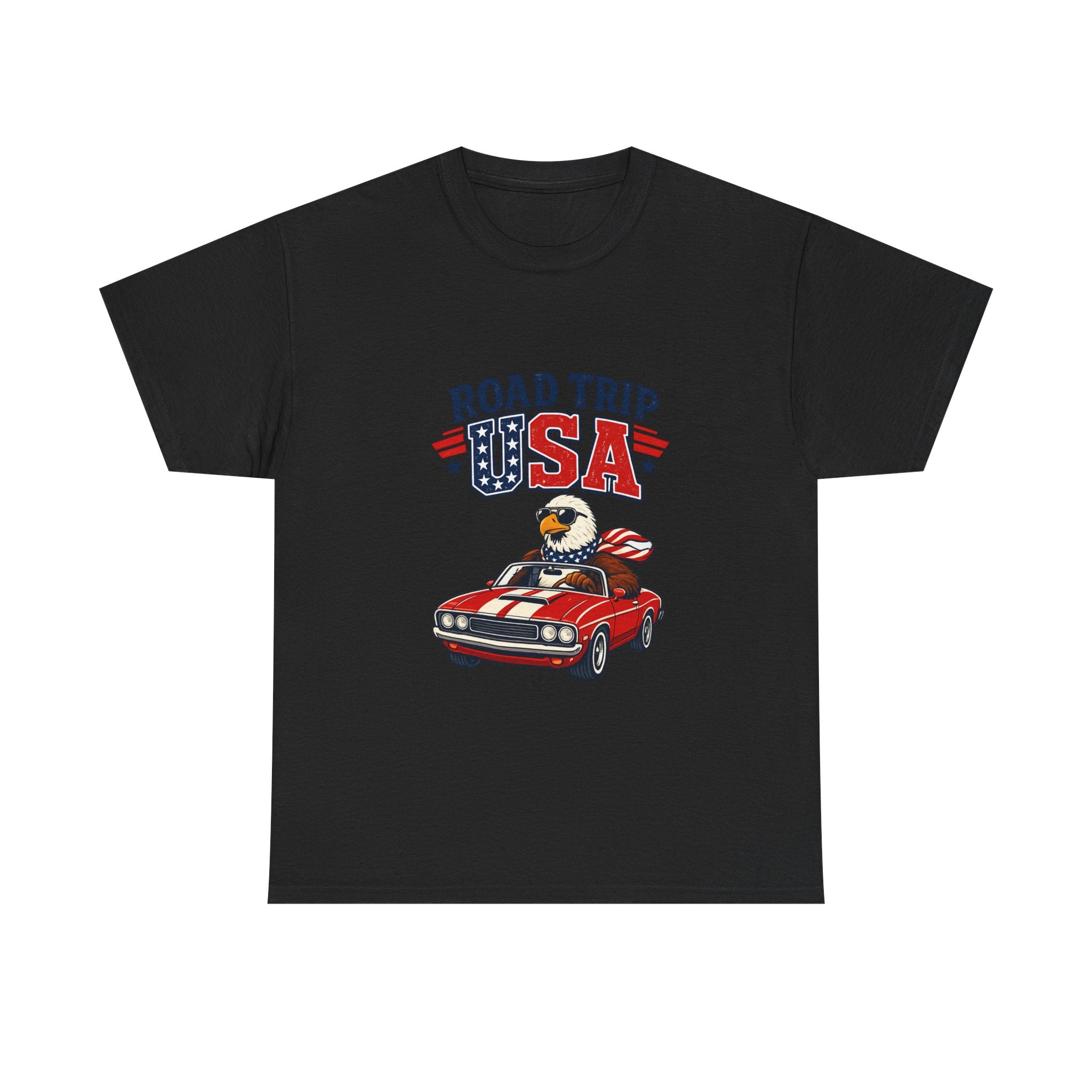 Road Trip USA T-Shirt — Patriotic Eagle Driving Classic Car Graphic Tee
