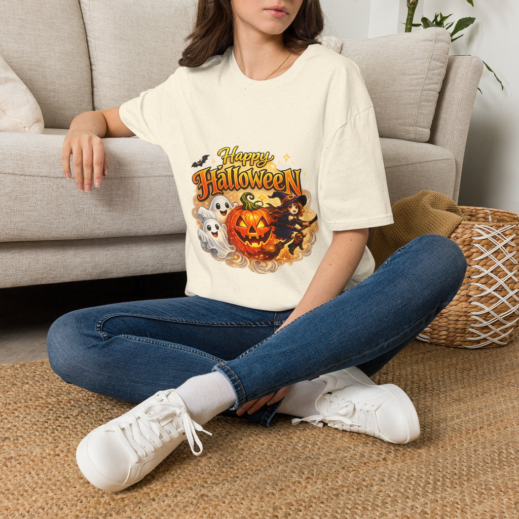 Halloween Witch and Ghost designs T-Shirt — "Happy Halloween" Pumpkin & Ghost Graphic