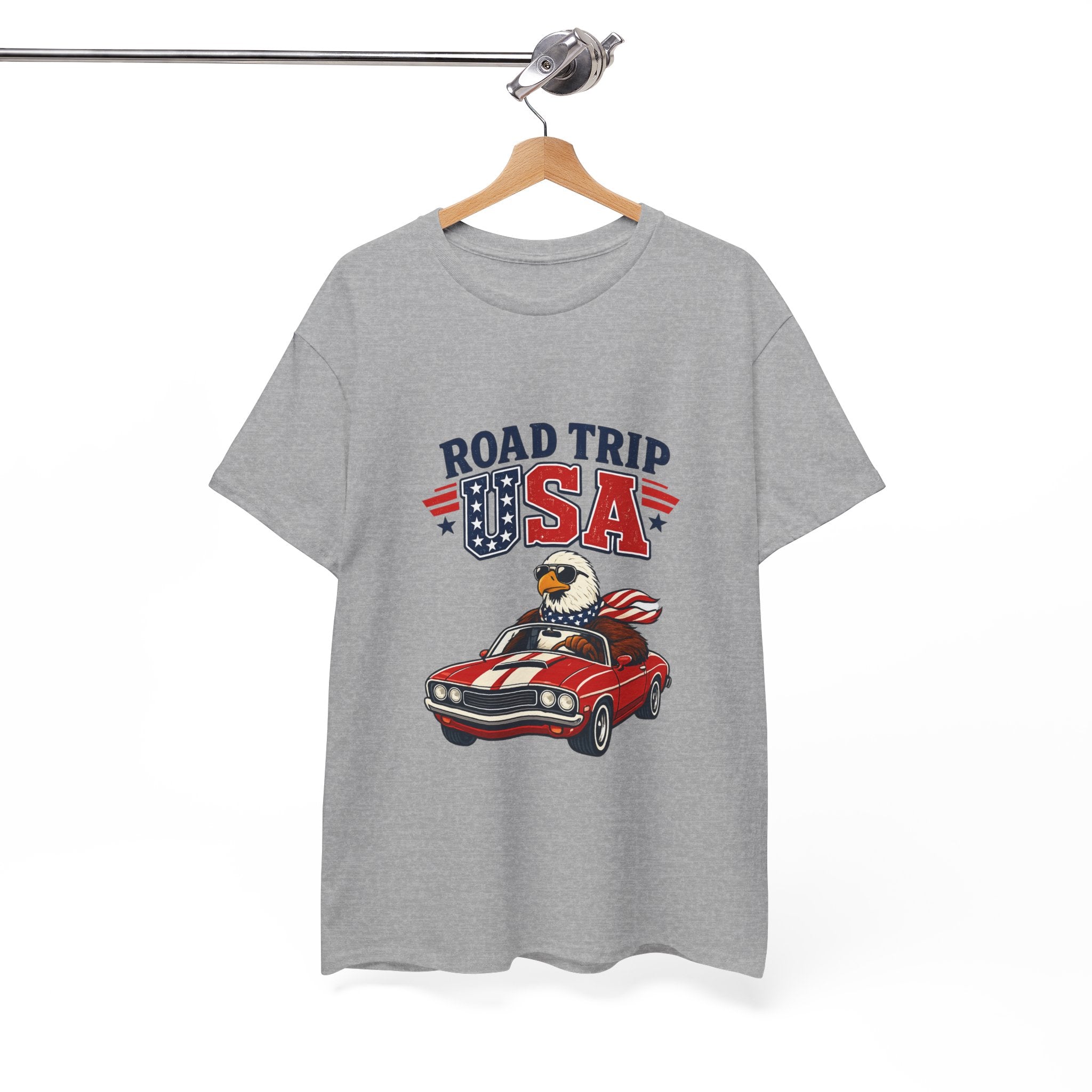 Road Trip USA T-Shirt — Patriotic Eagle Driving Classic Car Graphic Tee