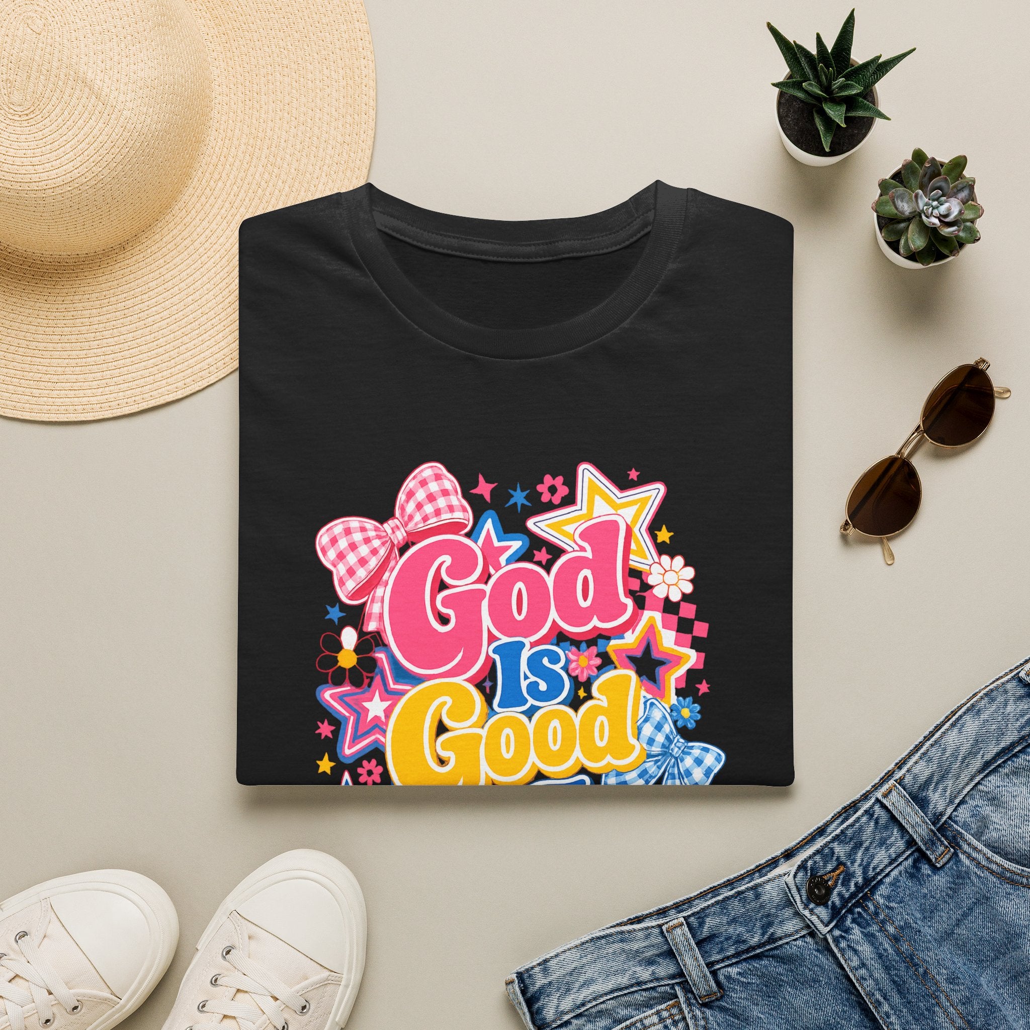 Inspirational vibes God Is Good T‑Shirt — Colorful Retro Faith Graphic Tee