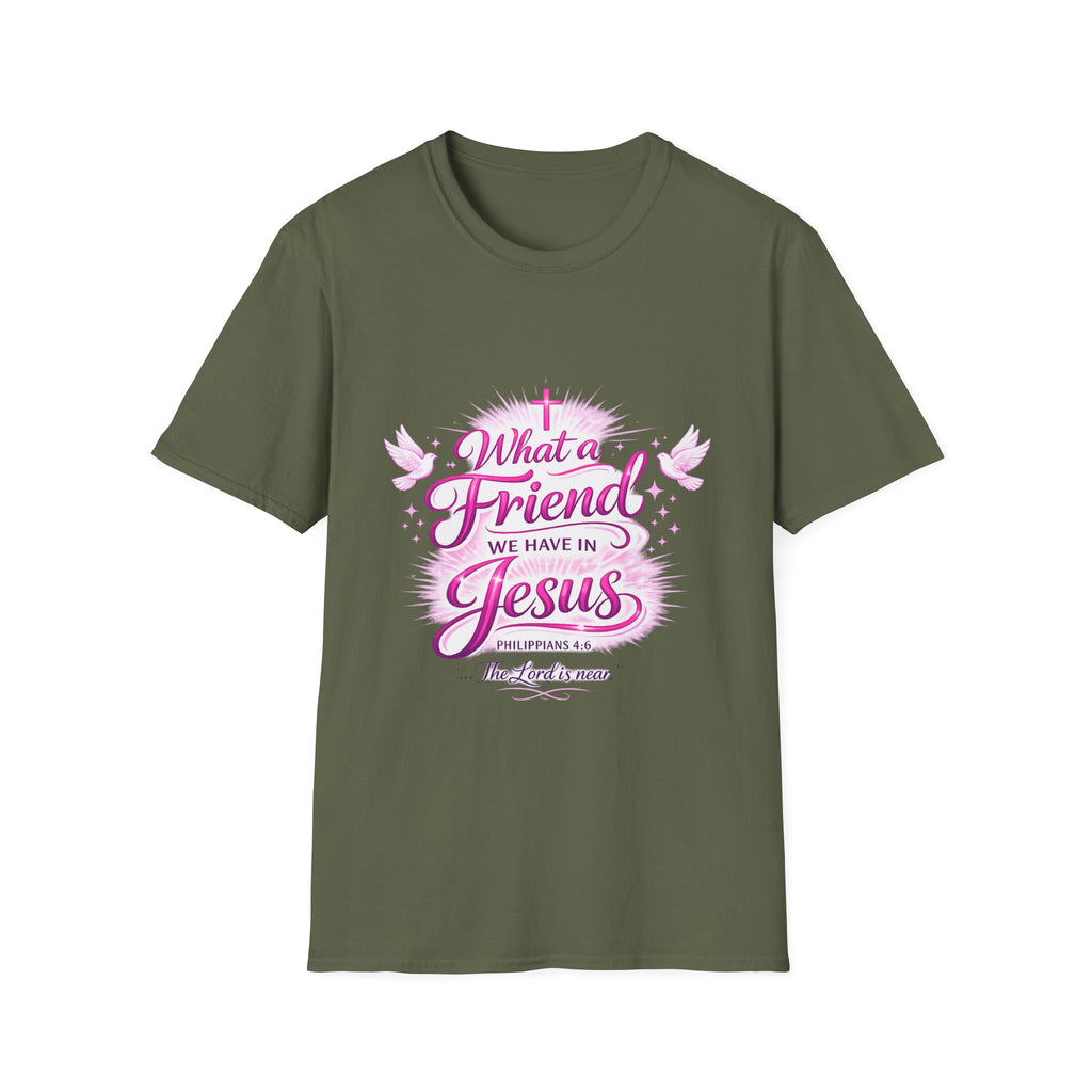 Christian T-Shirt — “What a Friend We Have in Jesus” Pink Faith Tee