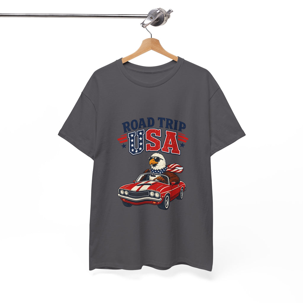 Road Trip USA T-Shirt — Patriotic Eagle Driving Classic Car Graphic Tee