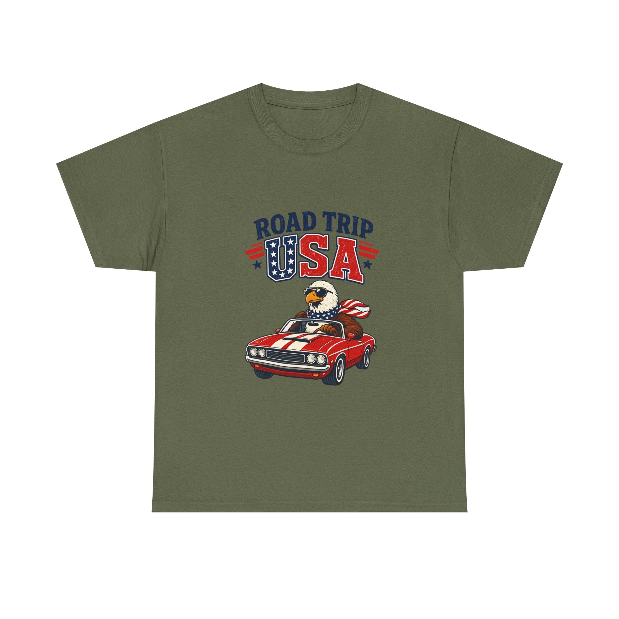 Road Trip USA T-Shirt — Patriotic Eagle Driving Classic Car Graphic Tee