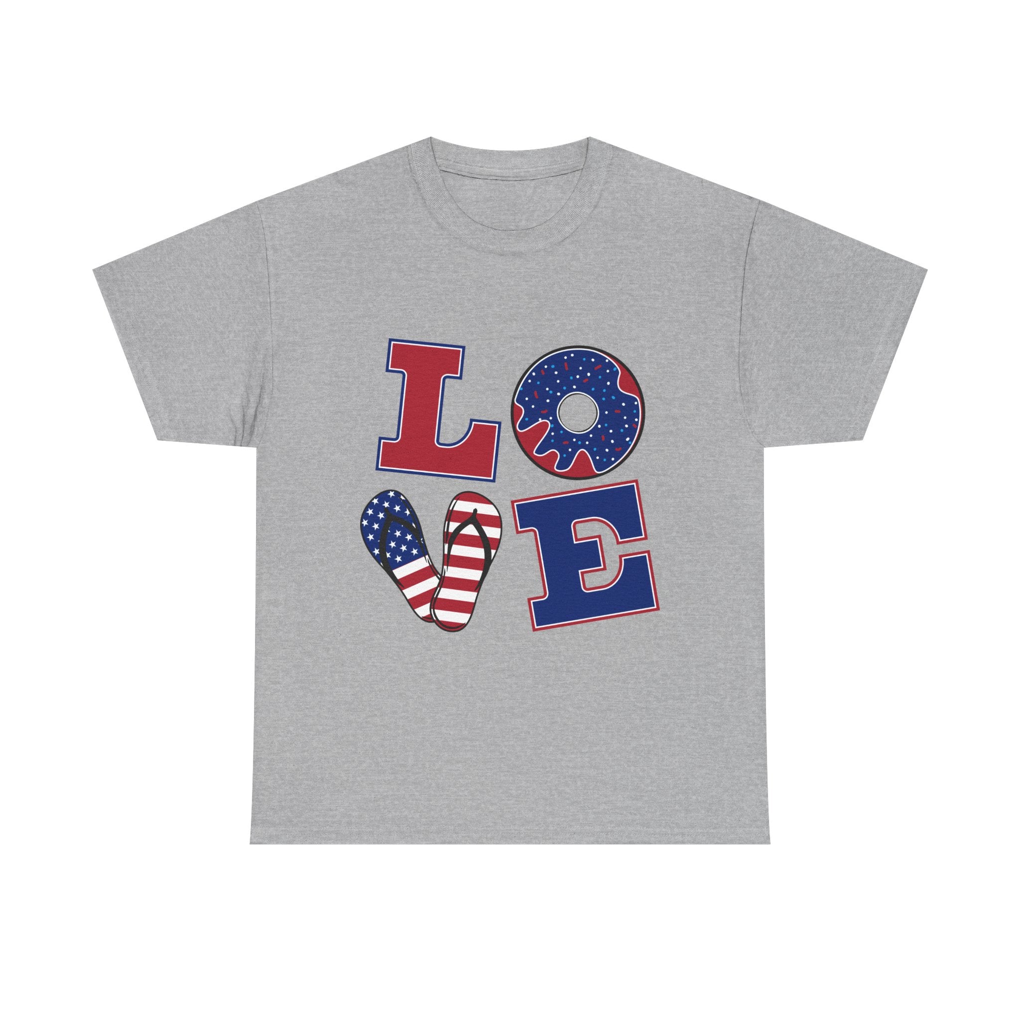 Patriotic LOVE T-Shirt — American Flag Donut & Flip-Flop Fourth of July Tee