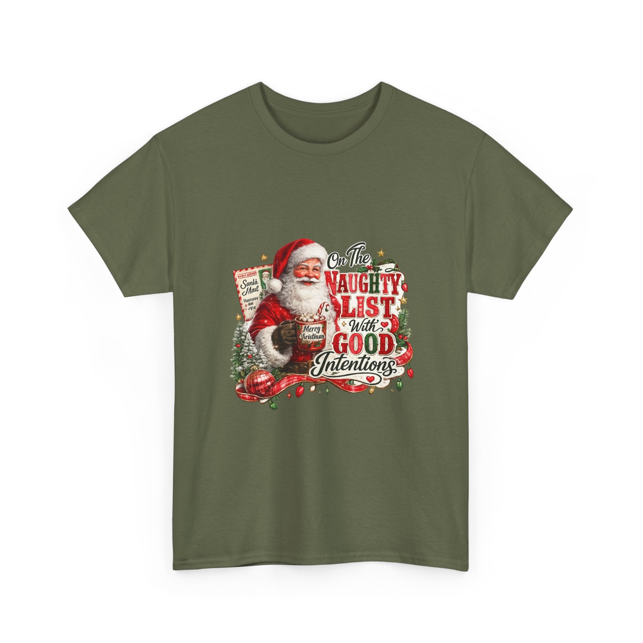 Christmas T-Shirt — 'On the Naughty List, I Have Good Intentions' Santa Tee