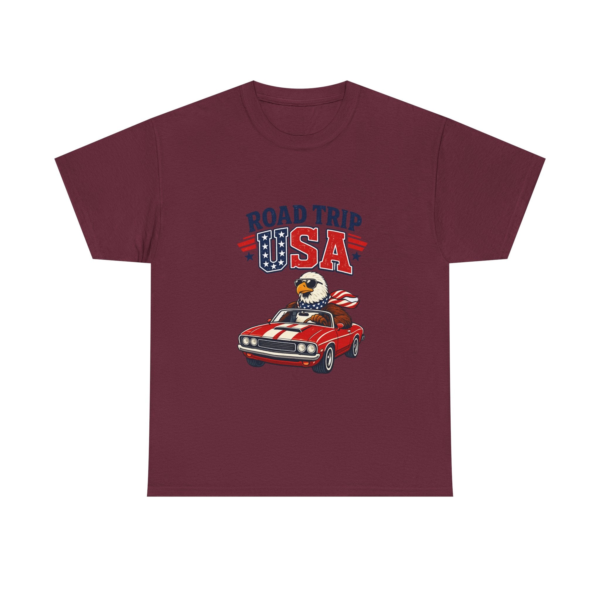Road Trip USA T-Shirt — Patriotic Eagle Driving Classic Car Graphic Tee