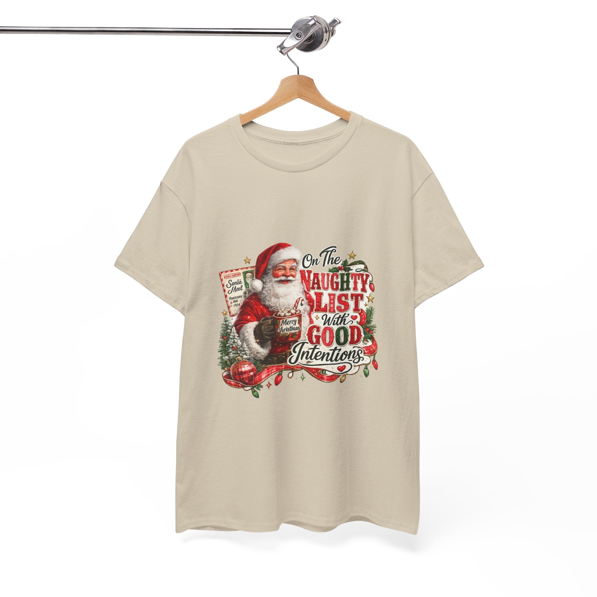 Christmas T-Shirt — 'On the Naughty List, I Have Good Intentions' Santa Tee