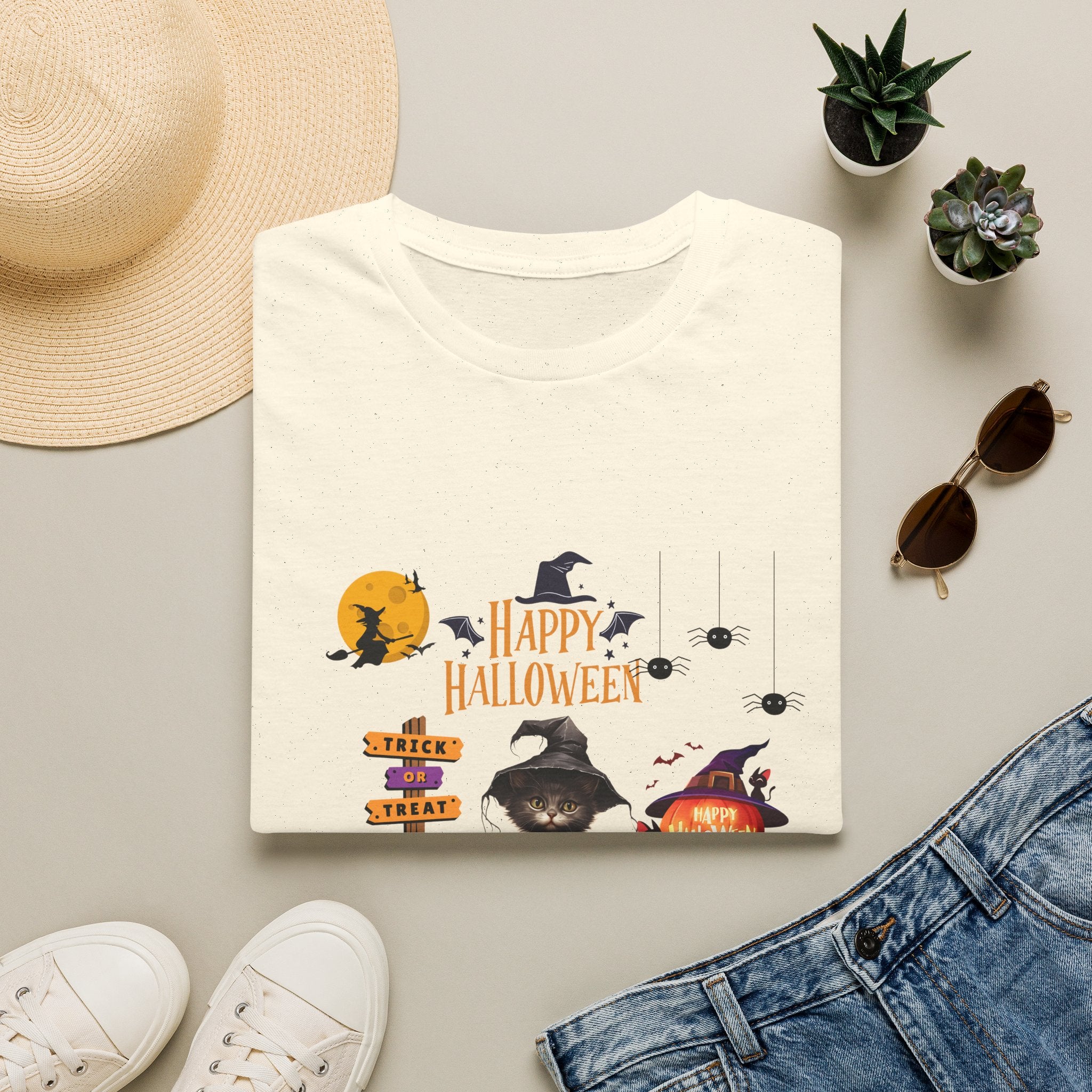 Happy Halloween Witch T-Shirt — Cute Pumpkin, Bats & Spooky Icons Tee