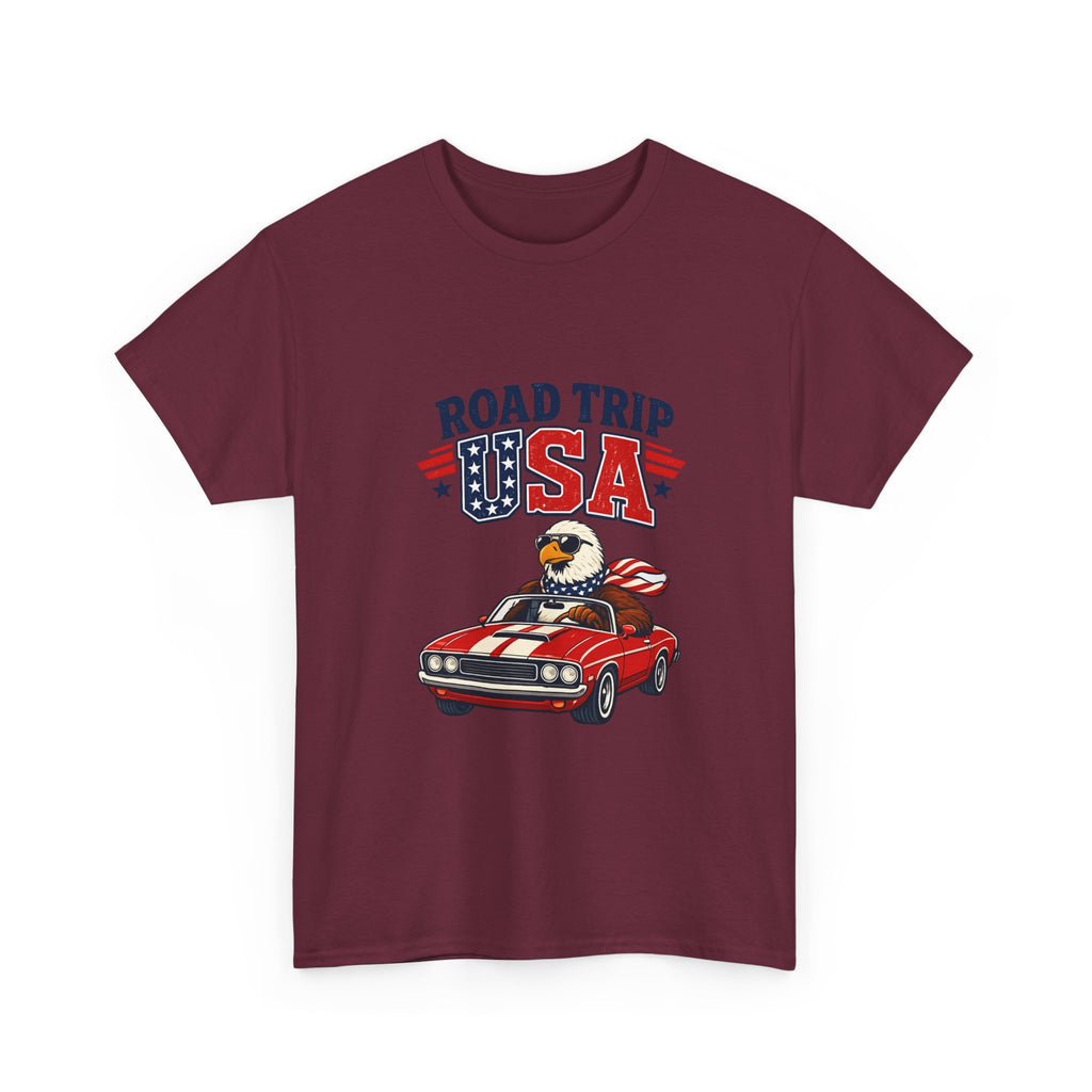 Road Trip USA T-Shirt — Patriotic Eagle Driving Classic Car Graphic Tee