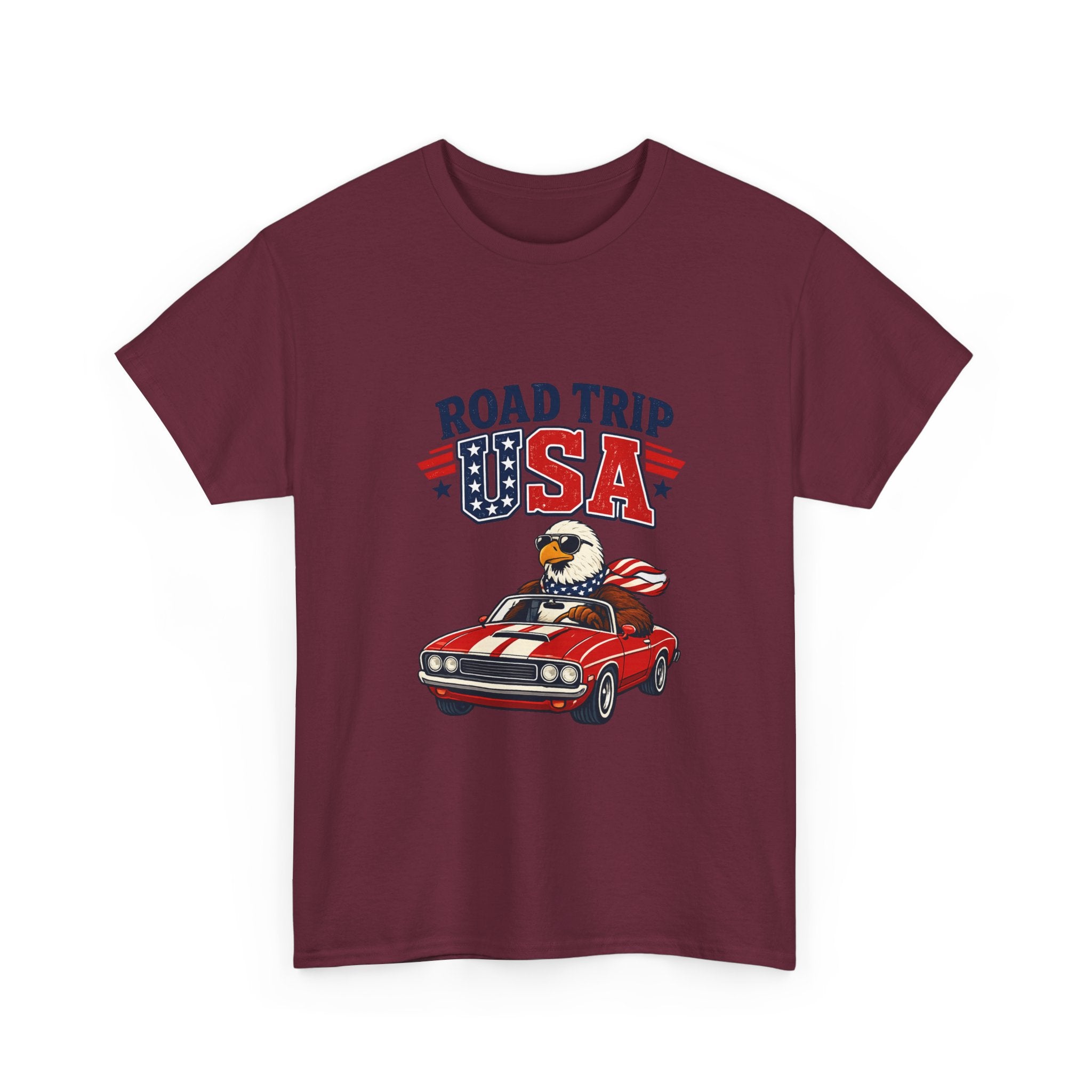 Road Trip USA T-Shirt — Patriotic Eagle Driving Classic Car Graphic Tee