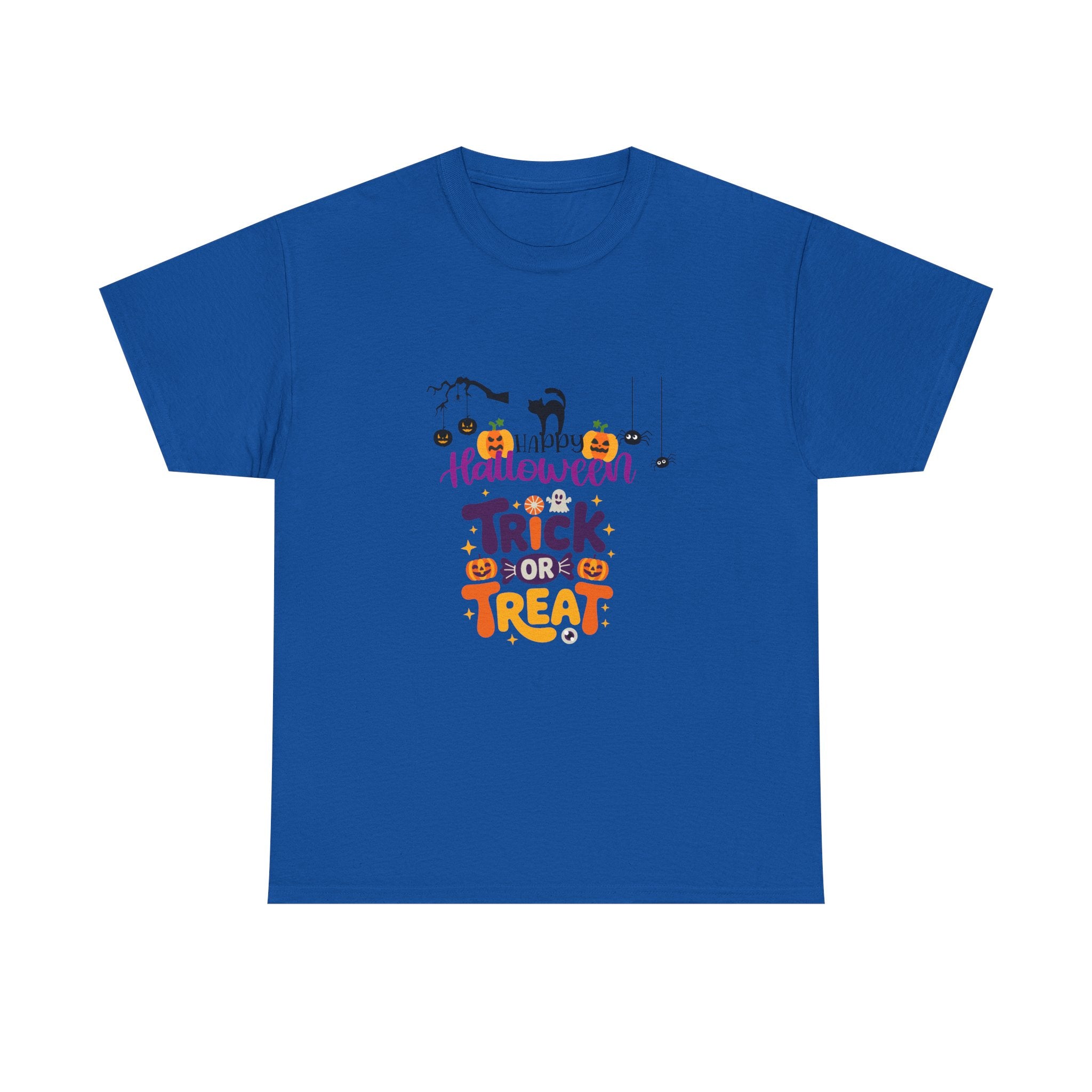 Halloween "Trick or Treat" T-Shirt — Cute Pumpkin, Cat & Spider Graphic Tee